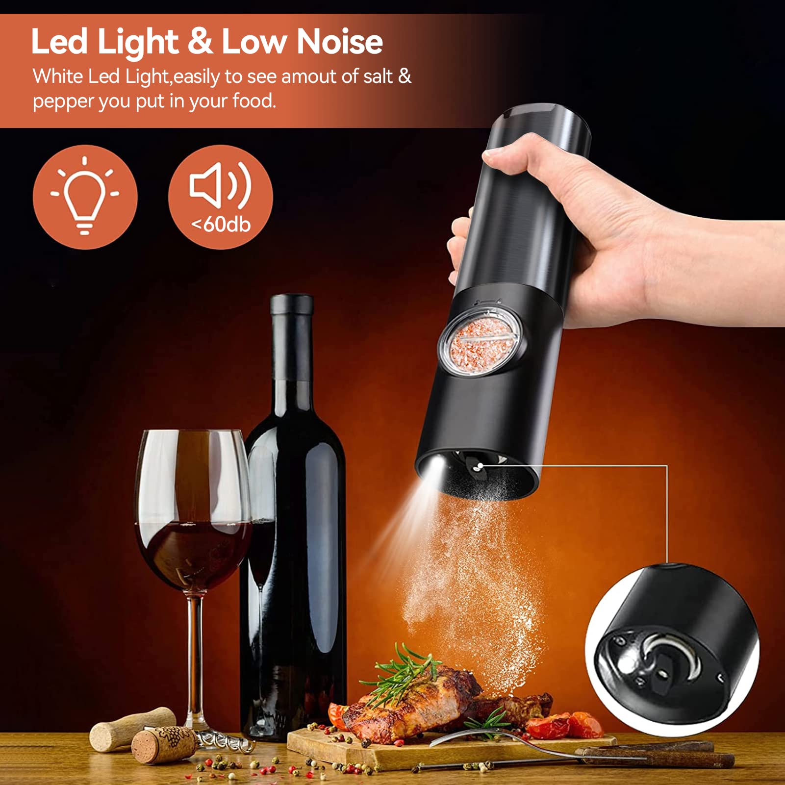 Rechargeable Electric Salt and Pepper Grinder Set - Battery-Free, One-Hand Operation, Adjustable Coarseness, Stainless Steel Mill with LED Light - Perfect for Kitchen, Dining Table & Outdoor Cooking