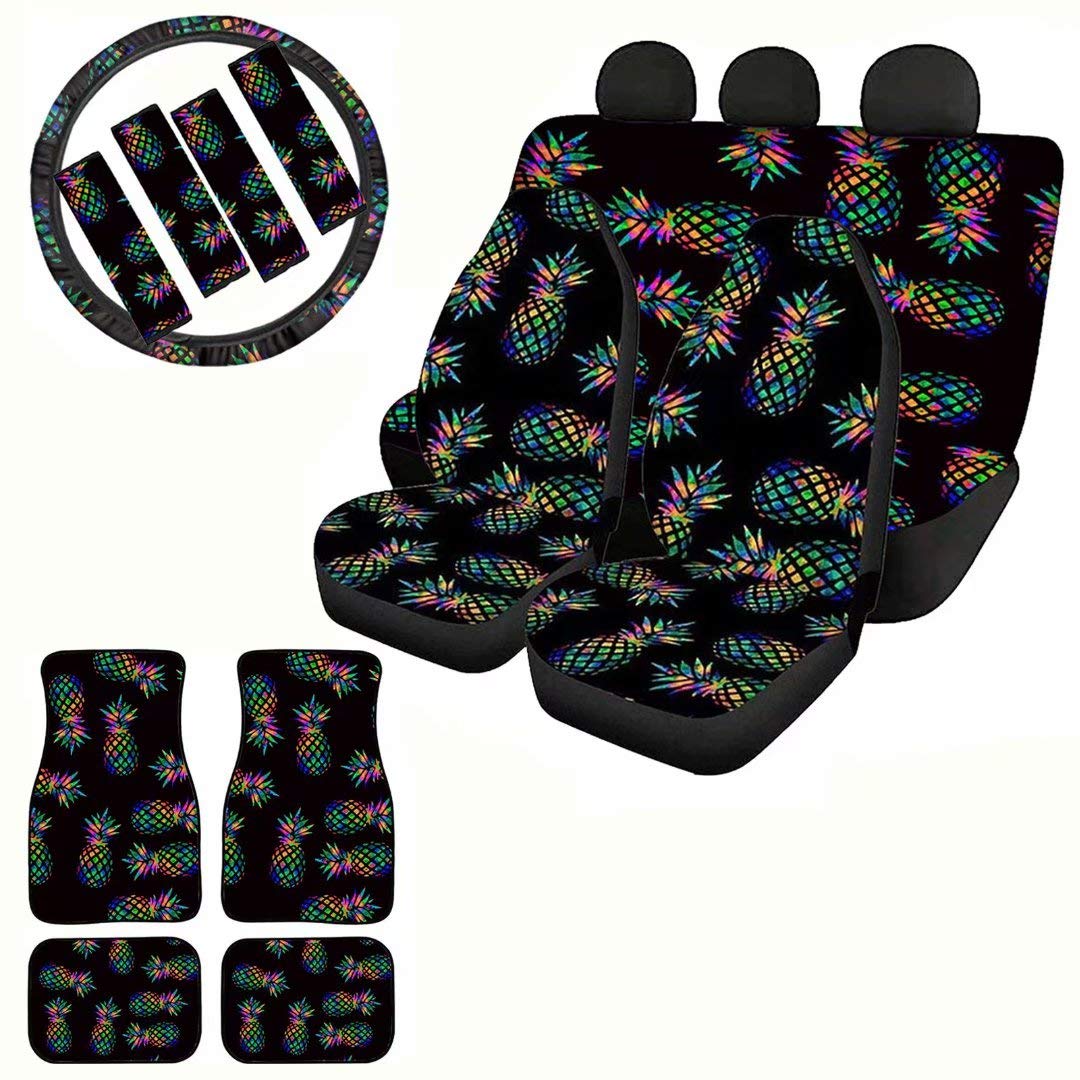 Youngerbaby Bling Black Pineapple Car Seat Protectors - Universal Fit for Trucks, SUVs & Vans | Front Seat Covers with Rotatable Steering Wheel Cover & Seat Belt Protector | Pet-Friendly & Durable Car Foot Mat | Perfect for Road Trips, Daily Commute & Pet Transportation