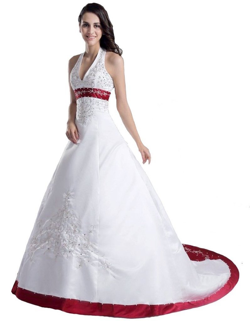 Elegant Women's Halter Neck Embroidery Satin Wedding Dress with Corset Back - Perfect for Bridal Gowns, Evening Gowns & Special Occasions
