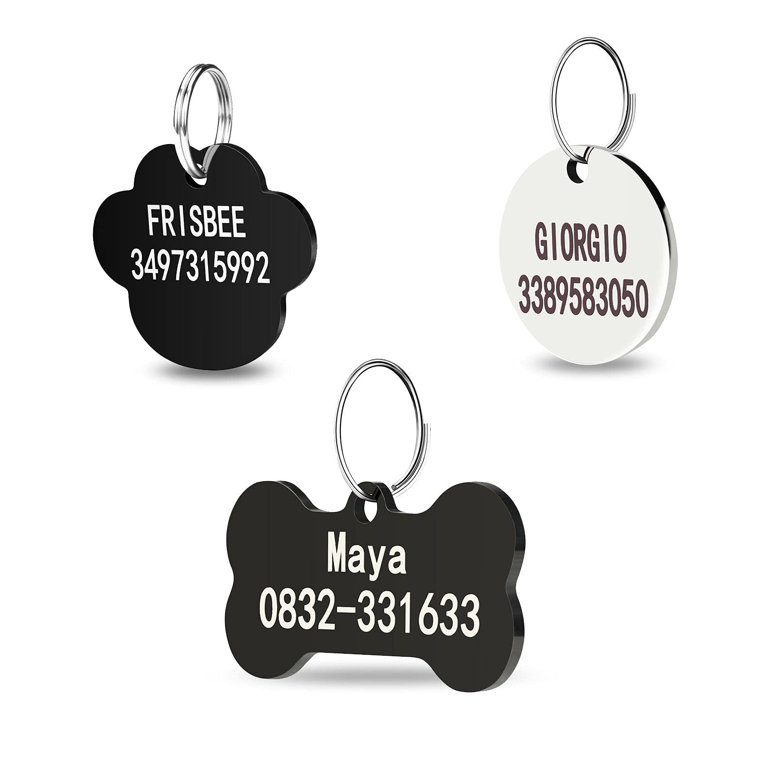 **Aiseel Personalized Stainless Steel Pet ID Tags - Custom Engraved Dog Tags with Name & Phone Number (2 Lines, Both Sides) - Bone, Round, Paw Shapes - Black/Silver - Perfect for Dogs, Cats & Travel Safety**