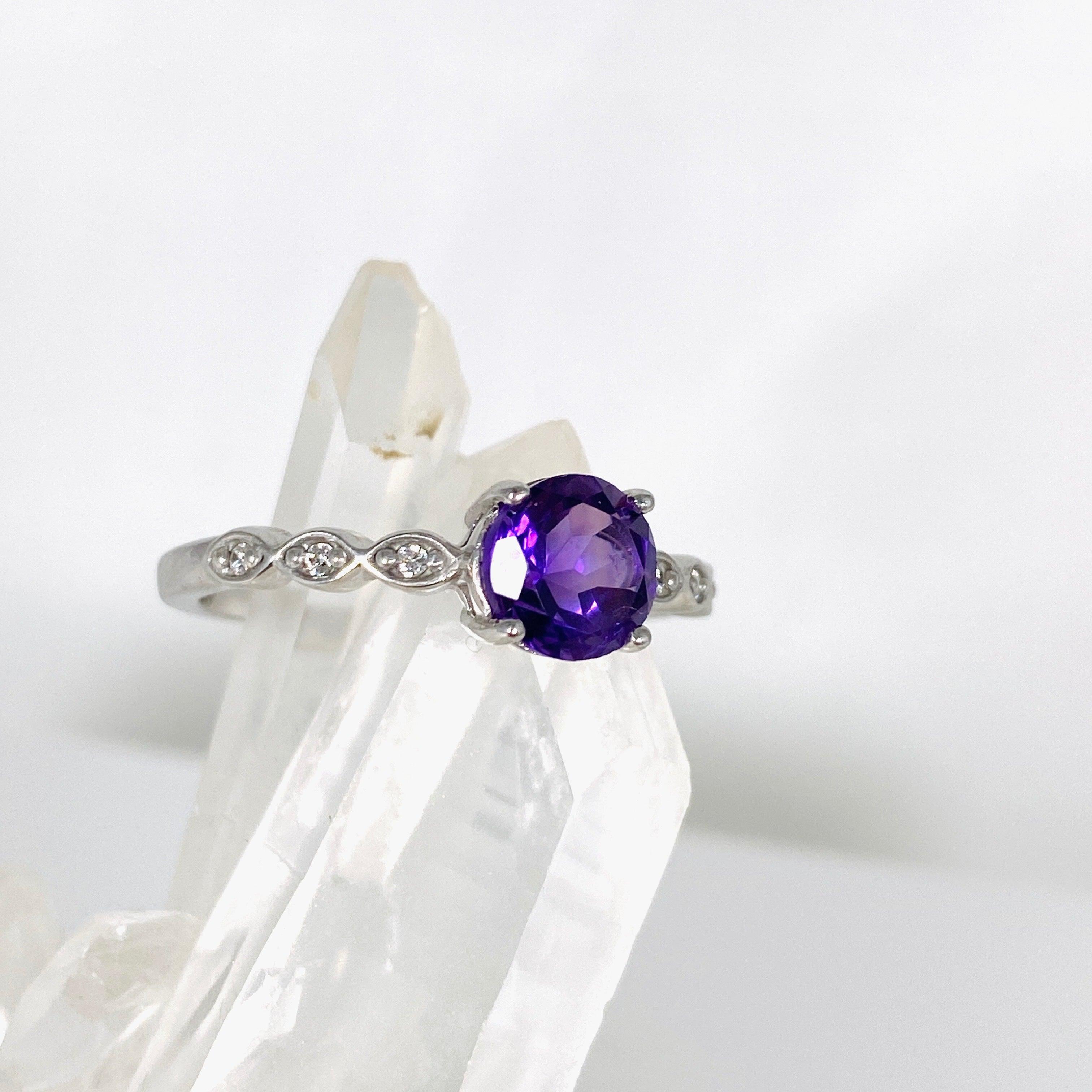 Amethyst Round Faceted Ring with CZ Stones - Size 9 - HRGJ 38 - Elegant Jewelry for Women, Perfect for Weddings, Parties & Special Occasions
