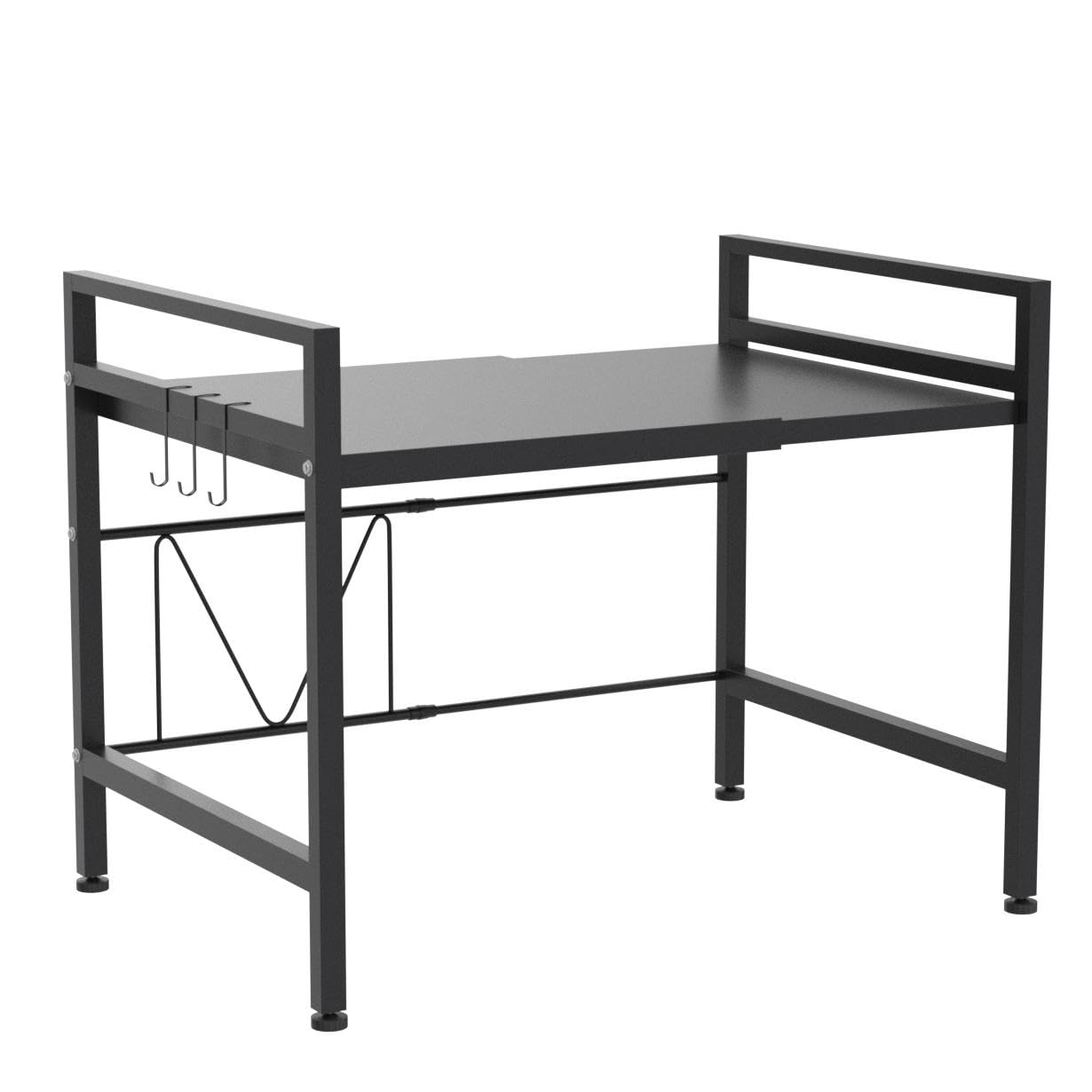 PUSDON Adjustable Microwave Oven Rack - Heavy Duty 2-Tier Kitchen Organizer with 3 Hooks for Countertop, 160lbs Capacity - Space Saving Solution for Microwave, Toaster & Small Appliances - Perfect for Small Kitchens & Apartment Living (Black)