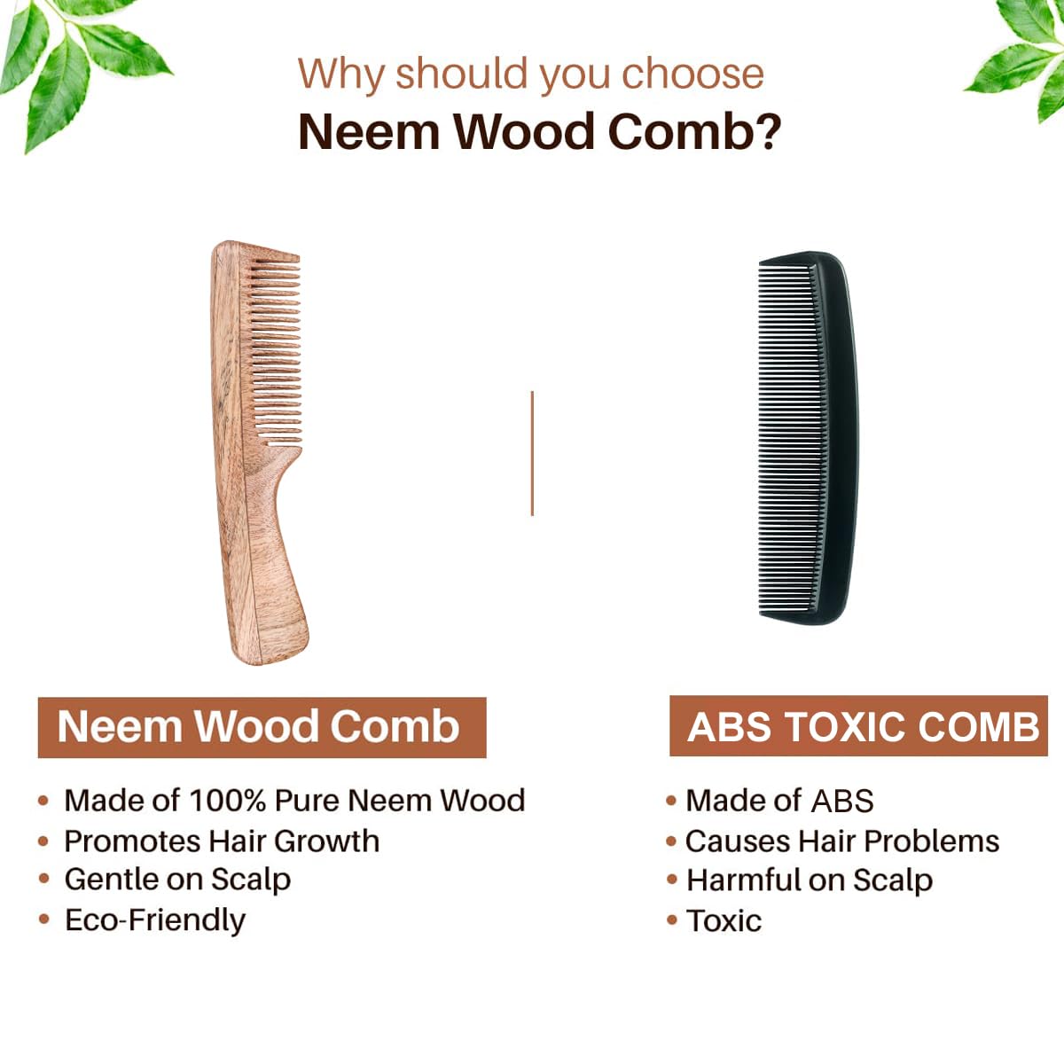 KAVIN Anti-Bacterial Wooden Neem Comb for Kids, Men & Women – Natural Hair Care & Scalp Massage – Pack of 1 | Perfect for Daily Use, Travel & Gentle Detangling