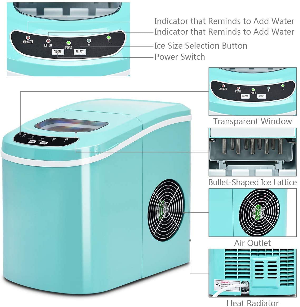 Portable Ice Maker Countertop - Electric Ice Machine with Easy-Use Panel, Makes Ice Cubes in 6 Minutes, Includes Removable Basket & Scoop - Perfect for Home, Office, Parties, and Outdoor Use (Green)