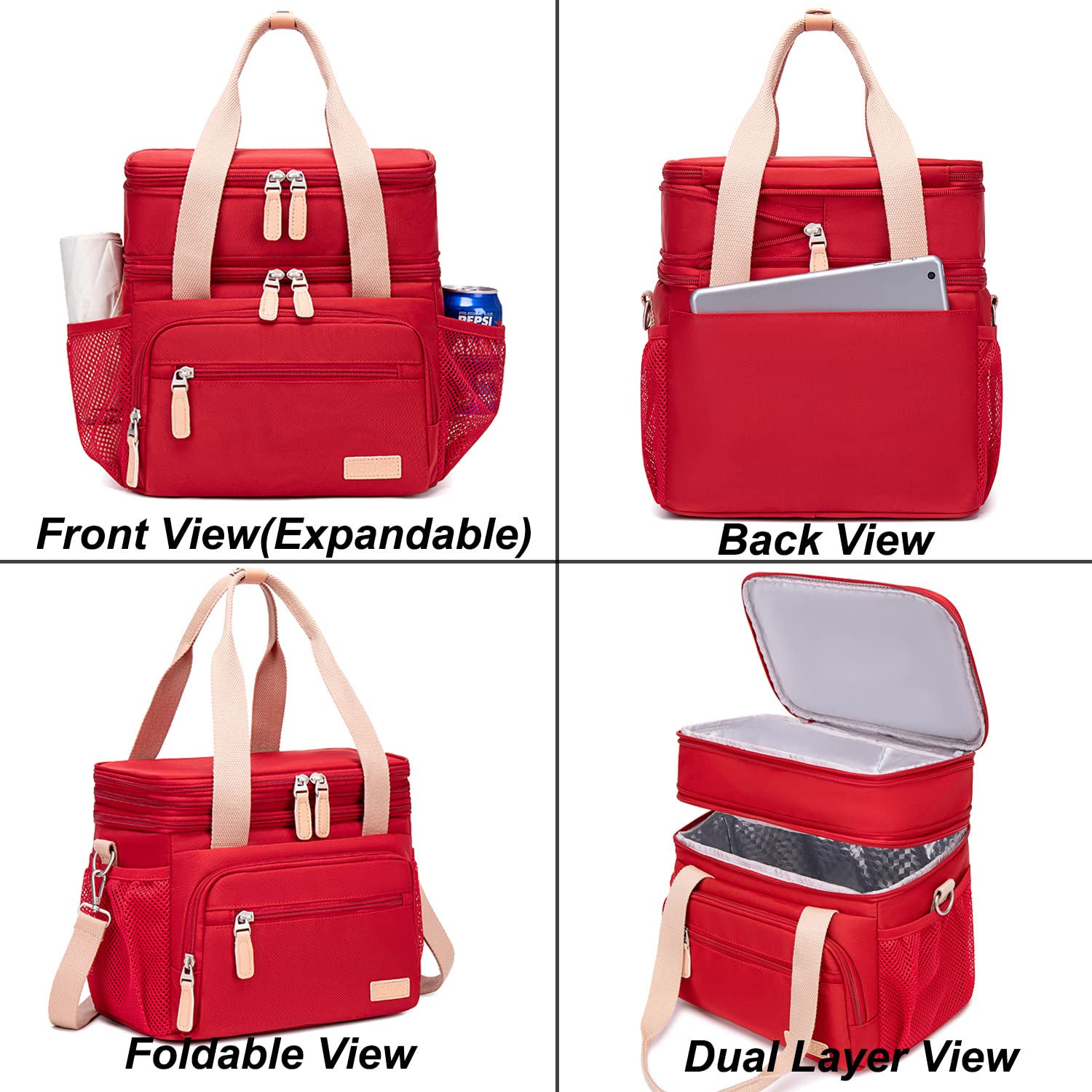 Weitars Insulated Lunch Bag for Women - Waterproof Reusable Large Lunch Box with Dual Compartment, Wide-Open Cooler Tote for Nurses, Office Work, Picnic & Hiking - 15L Capacity (Red) | Perfect for Meal Prep, Daily Commute & Outdoor Activities