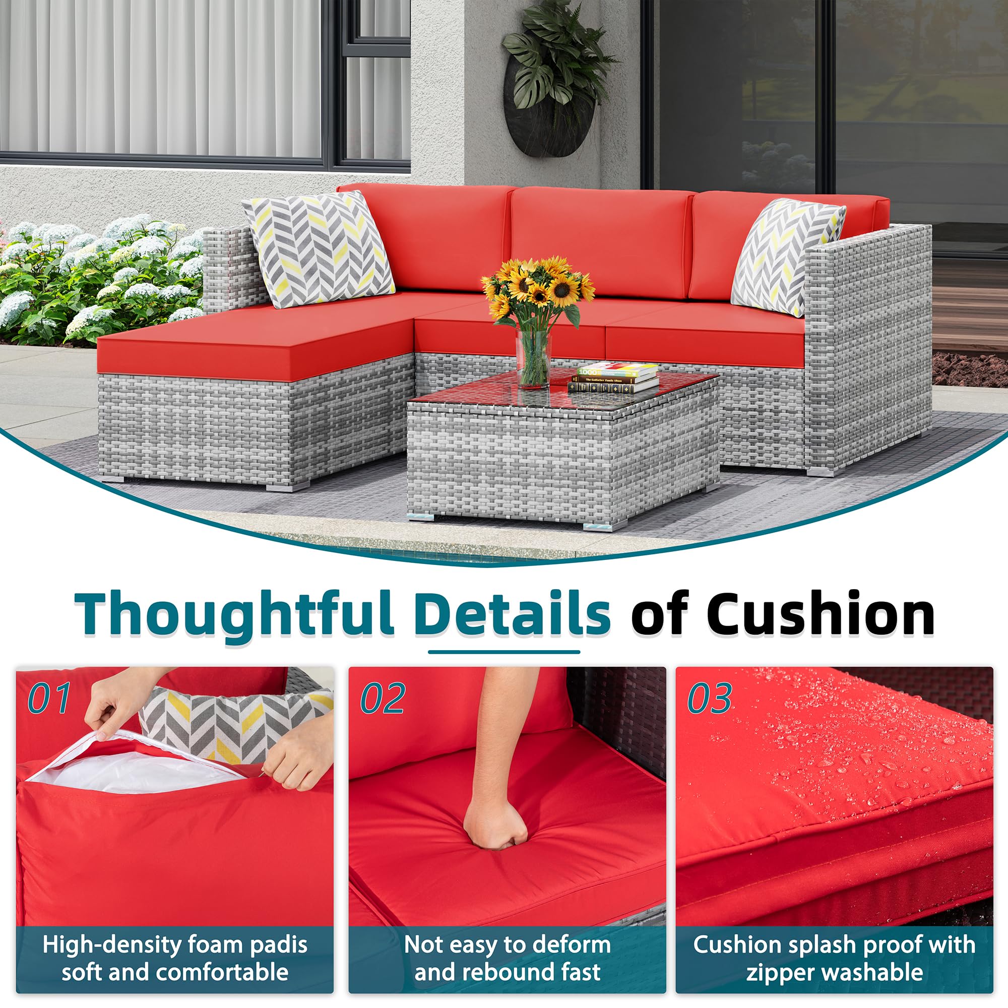 **SUNLEI 3-Piece Outdoor Patio Furniture Set with Cushions, Adjustable PE Rattan Sectional Sofa & Coffee Table - Silver Rattan/Red - Perfect for Garden, Balcony, or Backyard Relaxation**