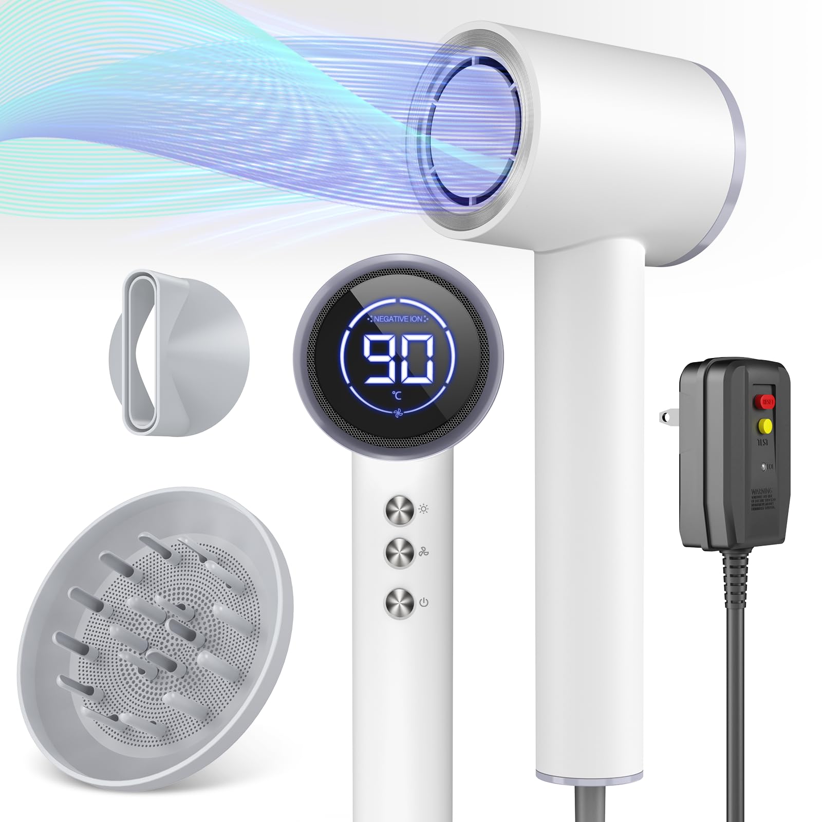 Professional Ionic Hair Dryer with Diffuser & Magnetic Nozzle - 110,000 RPM High Speed Blow Dryer for Fast Drying, LED Display, Lightweight & Portable - Perfect for Salon, Home & Travel Use (Pearl White)