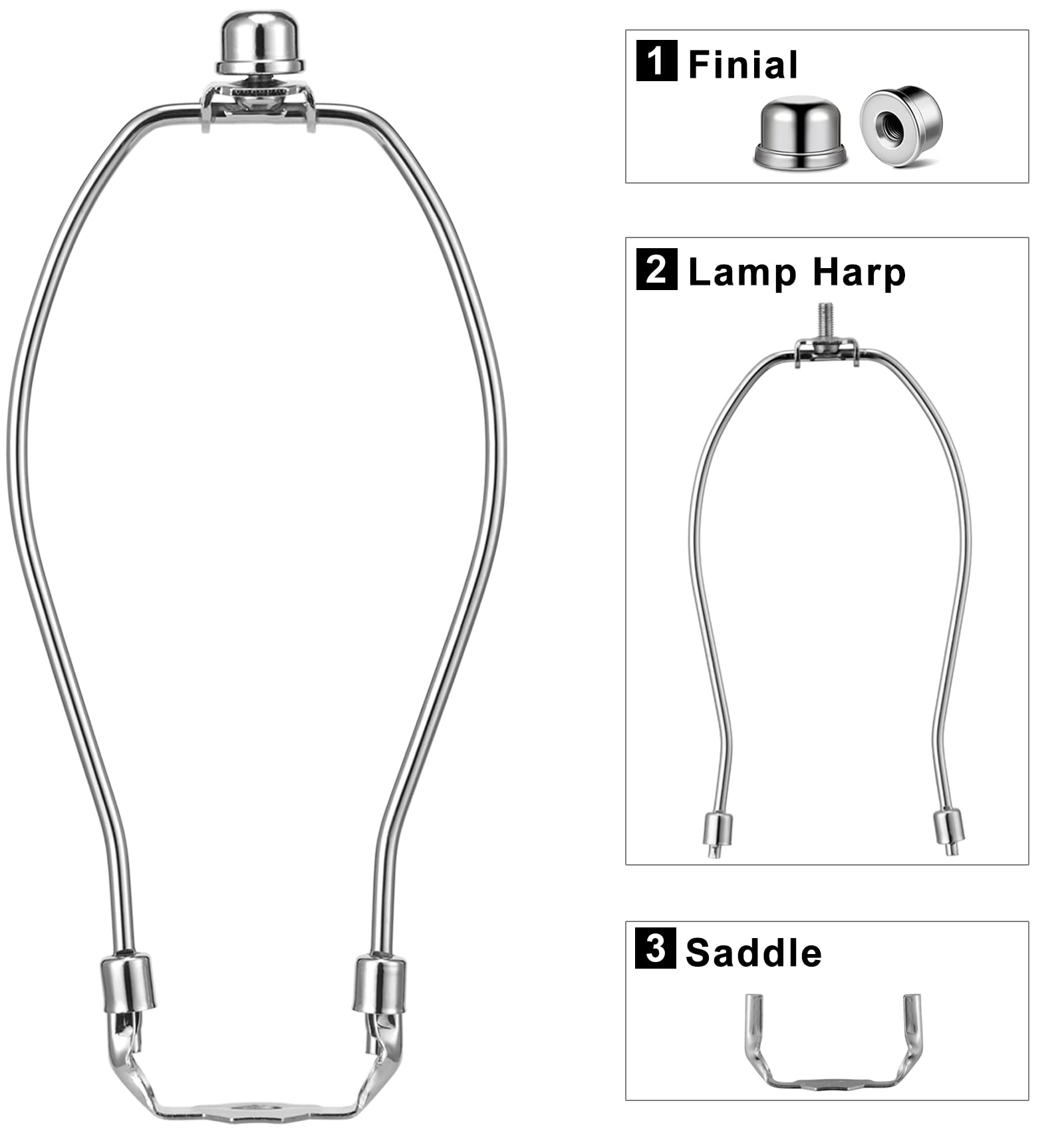 8 Inch Heavy Duty Lamp Harp Set of 2 - Silver Lamp Harp Holder with Finial Caps, 3/8 Standard Saddle & E26 Base for Table & Floor Lamps - Perfect for Living Room, Bedroom & Office Lighting Decor