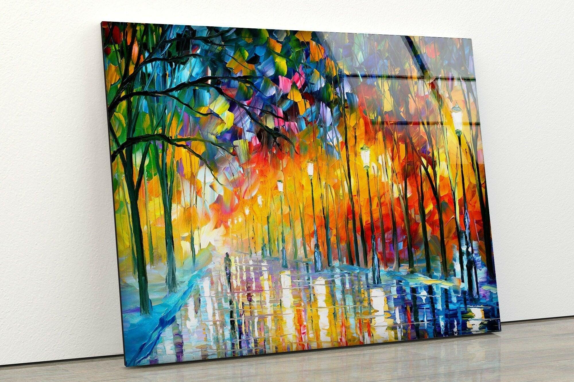 Autumn Oil Painting Glass Wall Art - Handmade Landscape Decor for Living Room, Bedroom & Office - Perfect for Home & Office Interior Design