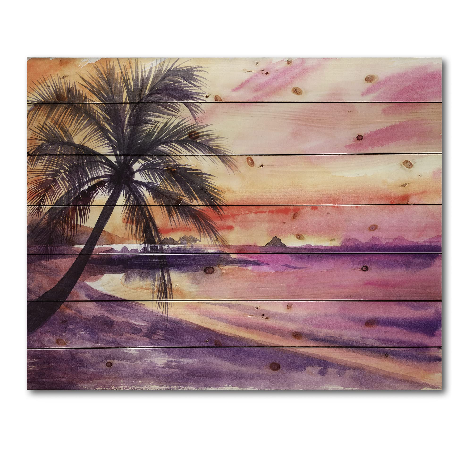 DesignQ Pink & Purple Palm Beach Sunset Nautical Coastal Wood Wall Decor - Large Beach Wood Wall Art Panels Printed on Natural Pine - Perfect for Coastal Home Decor, Beach House Wall Art, Living Room & Bedroom Wall Decor