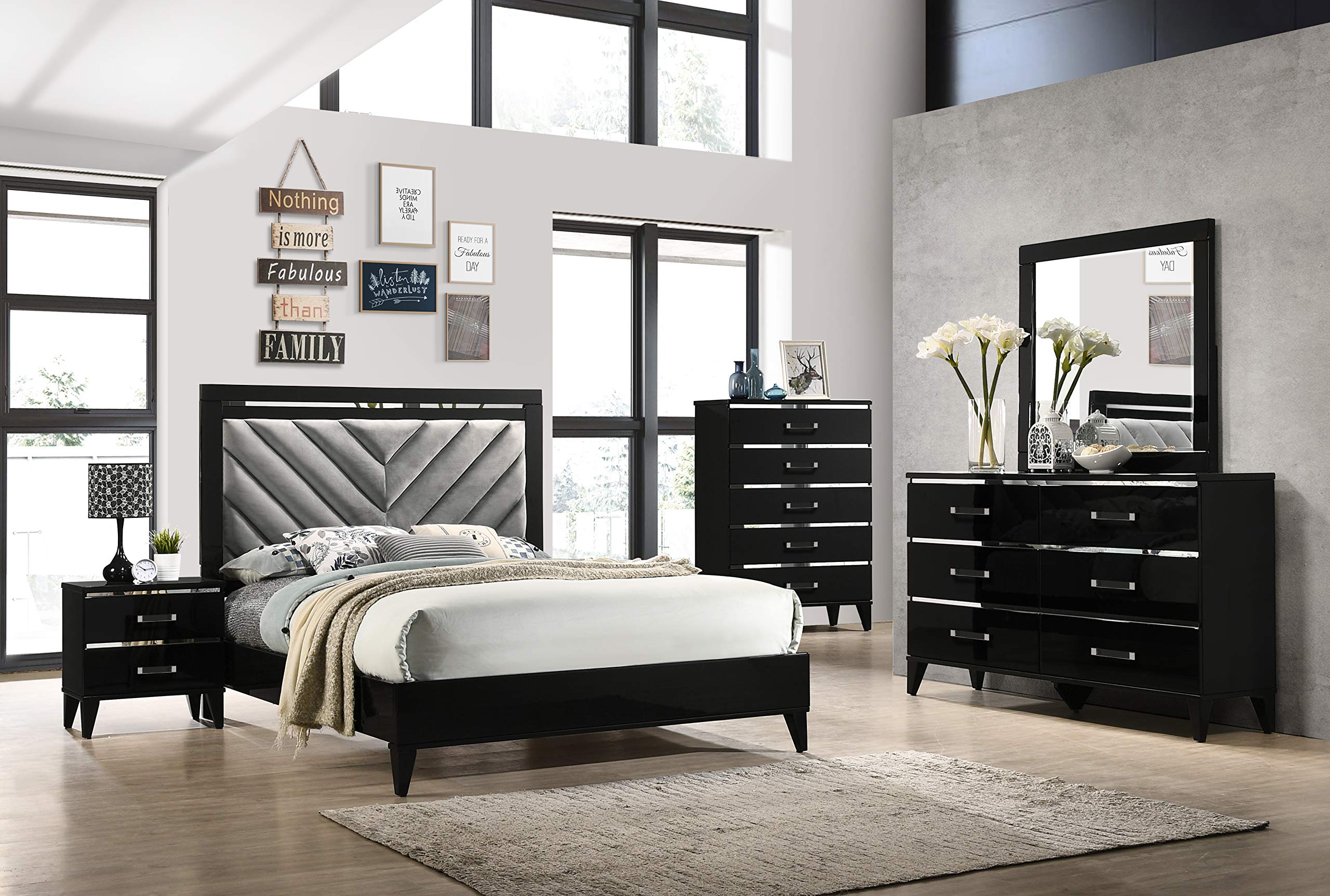 Kings Brand Furniture – Madison 6-Piece King Size Black Bedroom Set with Bed, Dresser, Mirror, Chest & 2 Nightstands for Modern Master Bedroom Decor