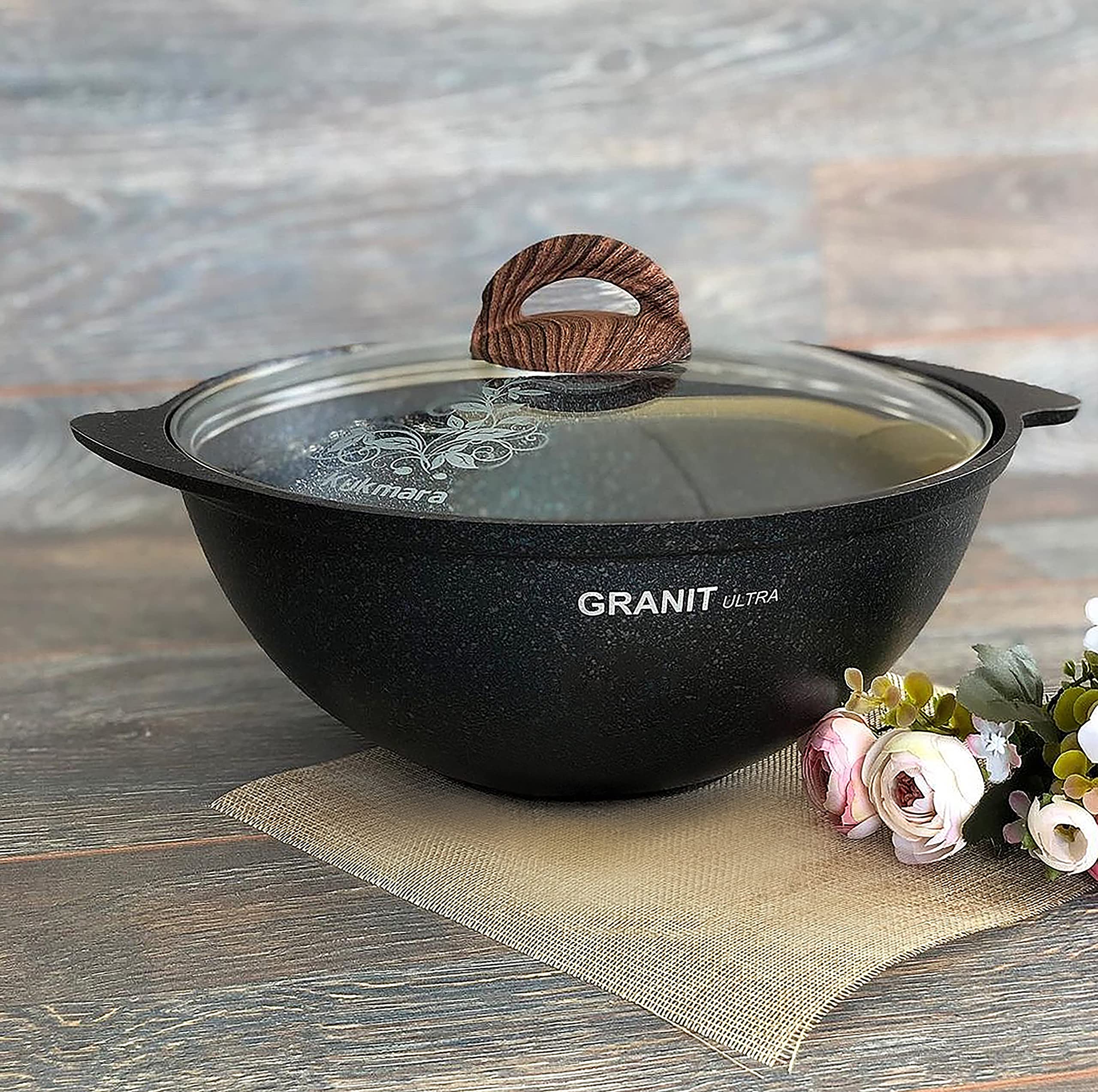 Premium Aluminum Wok Kazan Cooking Pot with Lid - 4.8 Qt (4.5L) Granite Coated Nonstick Camping & Kitchen Cookware - Perfect for Outdoor Camping, Home Cooking & Asian Cuisine
