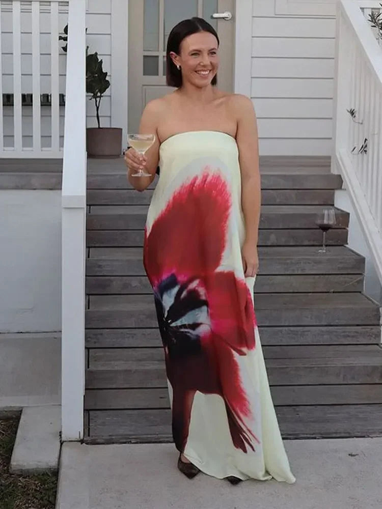 2025 Floral Print Strapless Maxi Dress for Women - Sexy Off Shoulder Sleeveless Backless Party Gown | Perfect for Summer Weddings, Beach Vacations & Evening Events