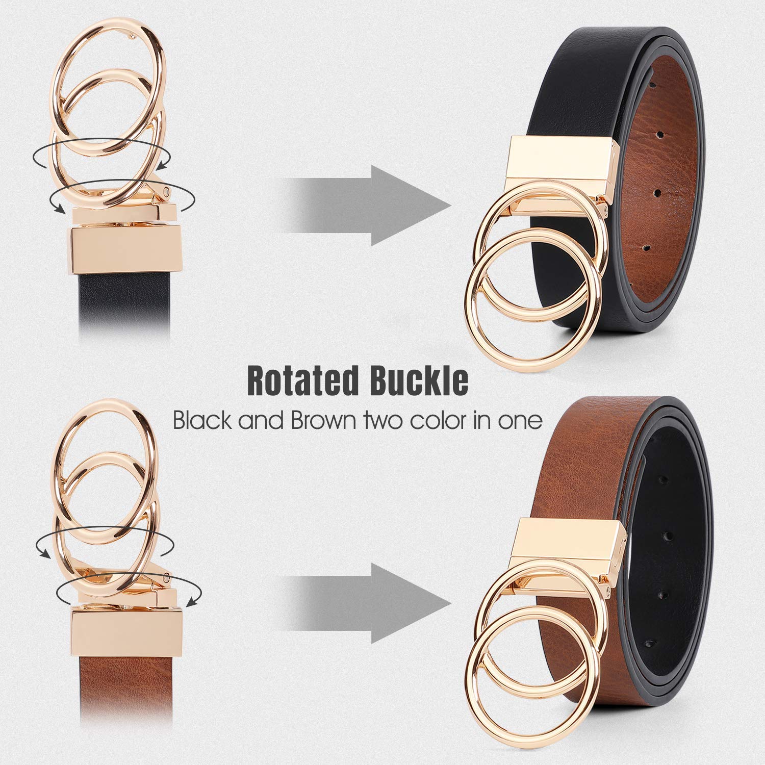 JASGOOD Women's Reversible Leather Belt with Gold Double O Ring Buckle - Stylish Waist Belt for Jeans, Dresses & Office Wear