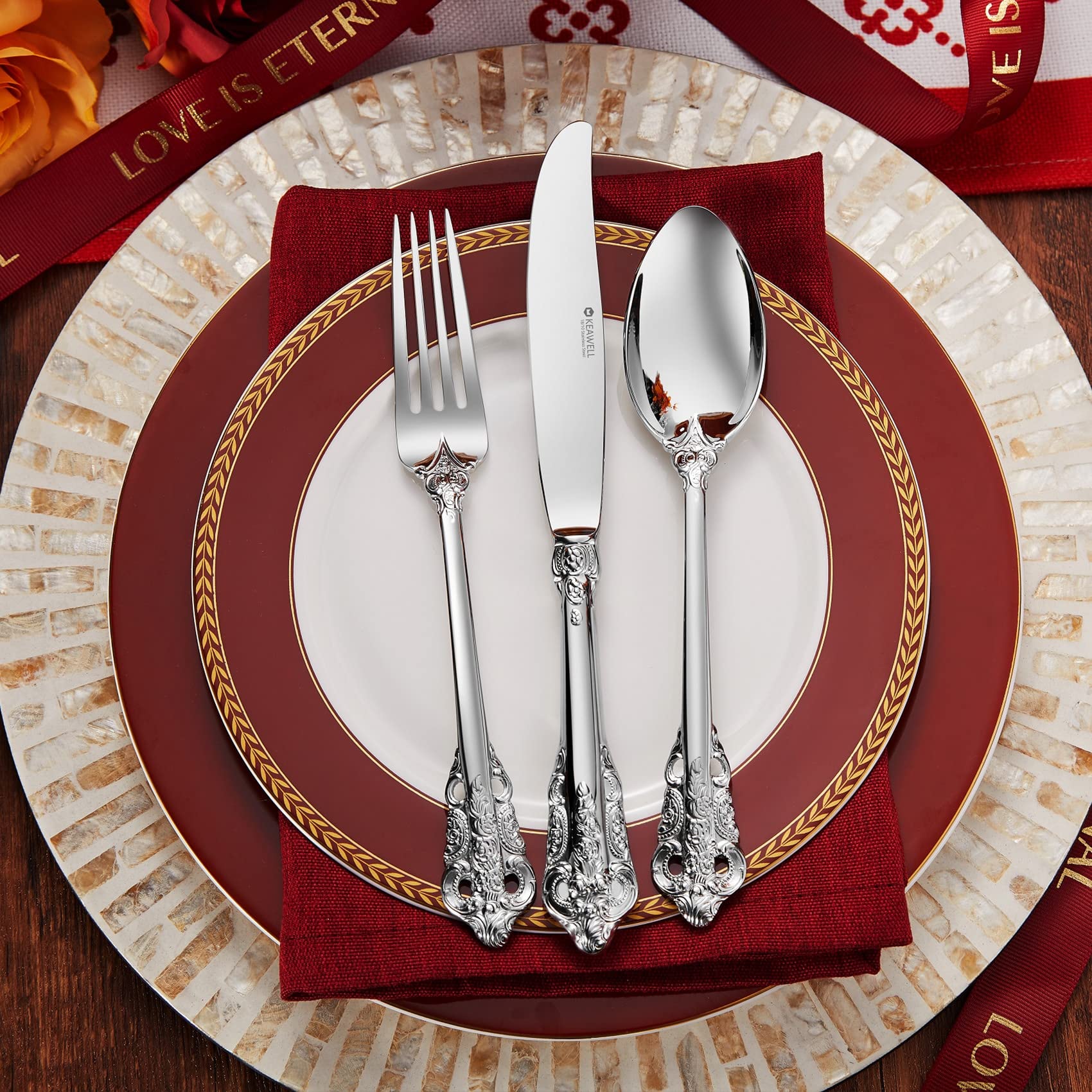 KEAWELL 45-Piece 18/10 Stainless Steel Silverware Set - Service for 8 with Serving Utensils, Mirror Polish Cutlery Set in Antique Baroque Style (Gift Box Included) - Perfect for Fine Dining, Wedding Registry & Luxury Home Decor
