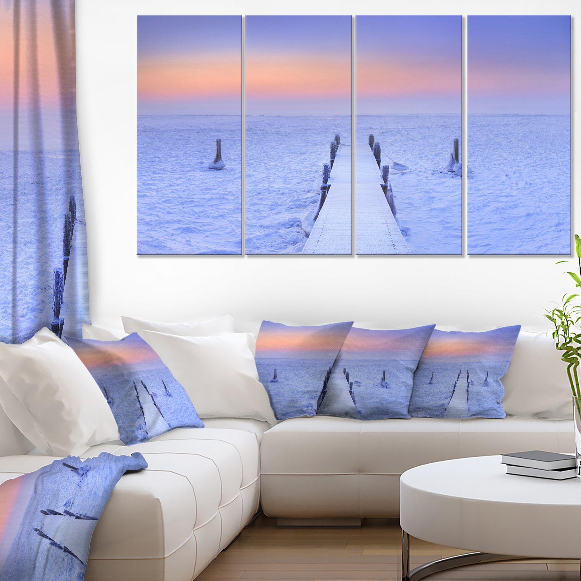 Designart Frozen Lake Netherlands Wooden Sea Bridge Canvas Wall Art Set - 4 Panels 48x28 Inches, PT11170-271, 28'' H x 48'' W x 1'' D - Perfect for Living Room, Bedroom & Office Decor