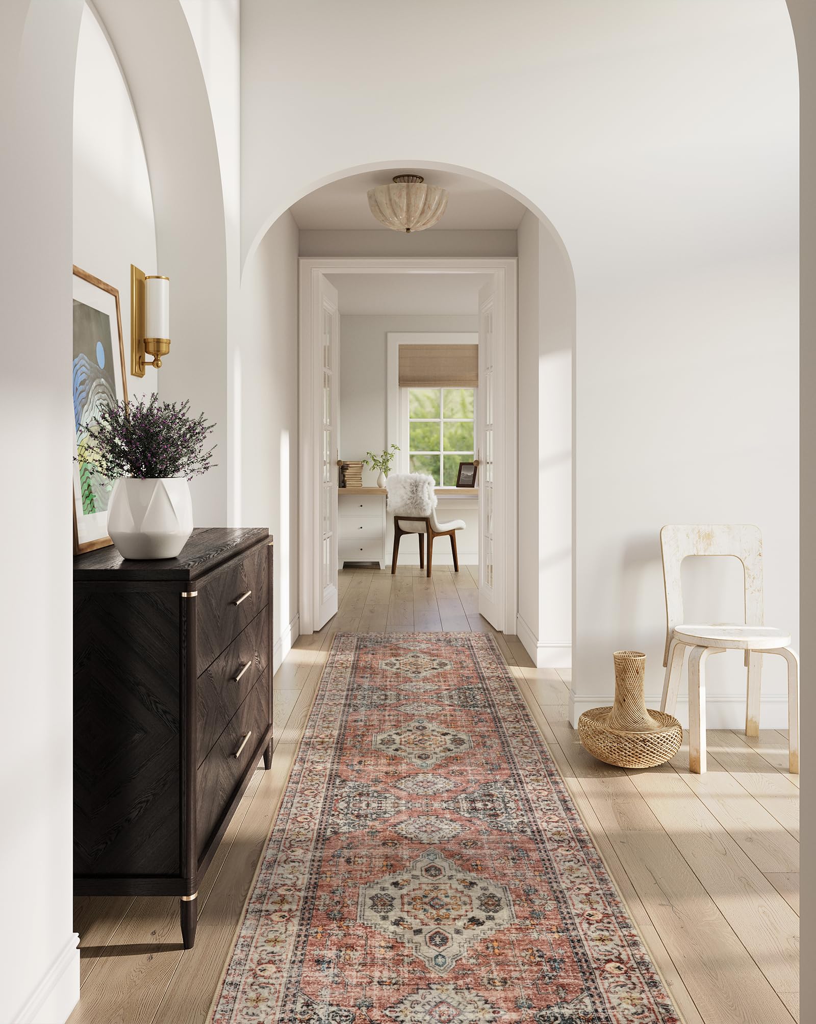 Lahome Oriental Kitchen Runner Rug 2.5x10 Feet - Non-Slip Washable Hallway Carpet | Ultra-Thin Soft Distressed Long Rug for Bathroom, Entryway, Bedroom (Peach/Orange) | Perfect for High-Traffic Areas & Home Decor