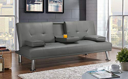Modern Convertible Sofa Bed Sleeper - Faux Leather Futon Couch with 2 Cup Holders & Gray Armrest - Space Saving Living Room Furniture for Small Apartments, Guest Rooms and Home Offices