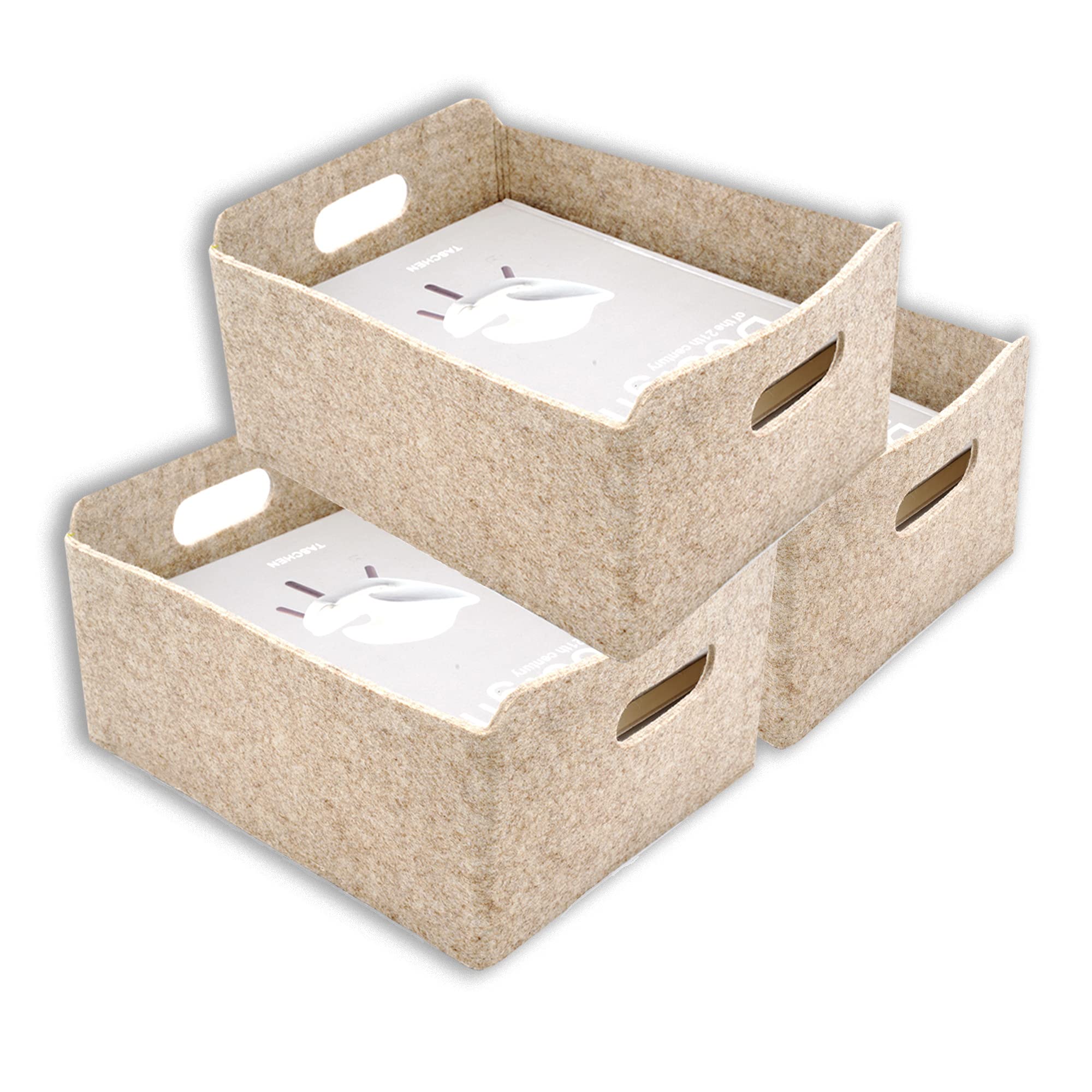 Welaxy 3-Piece Felt Storage Baskets - Foldable Fabric Bin Organizers for Kids Toys, Books & Closet | Scandinavian Chic Nordic Style in Neutral Beige (Oatmeal) | Perfect for Nursery, Playroom & Bedroom Organization
