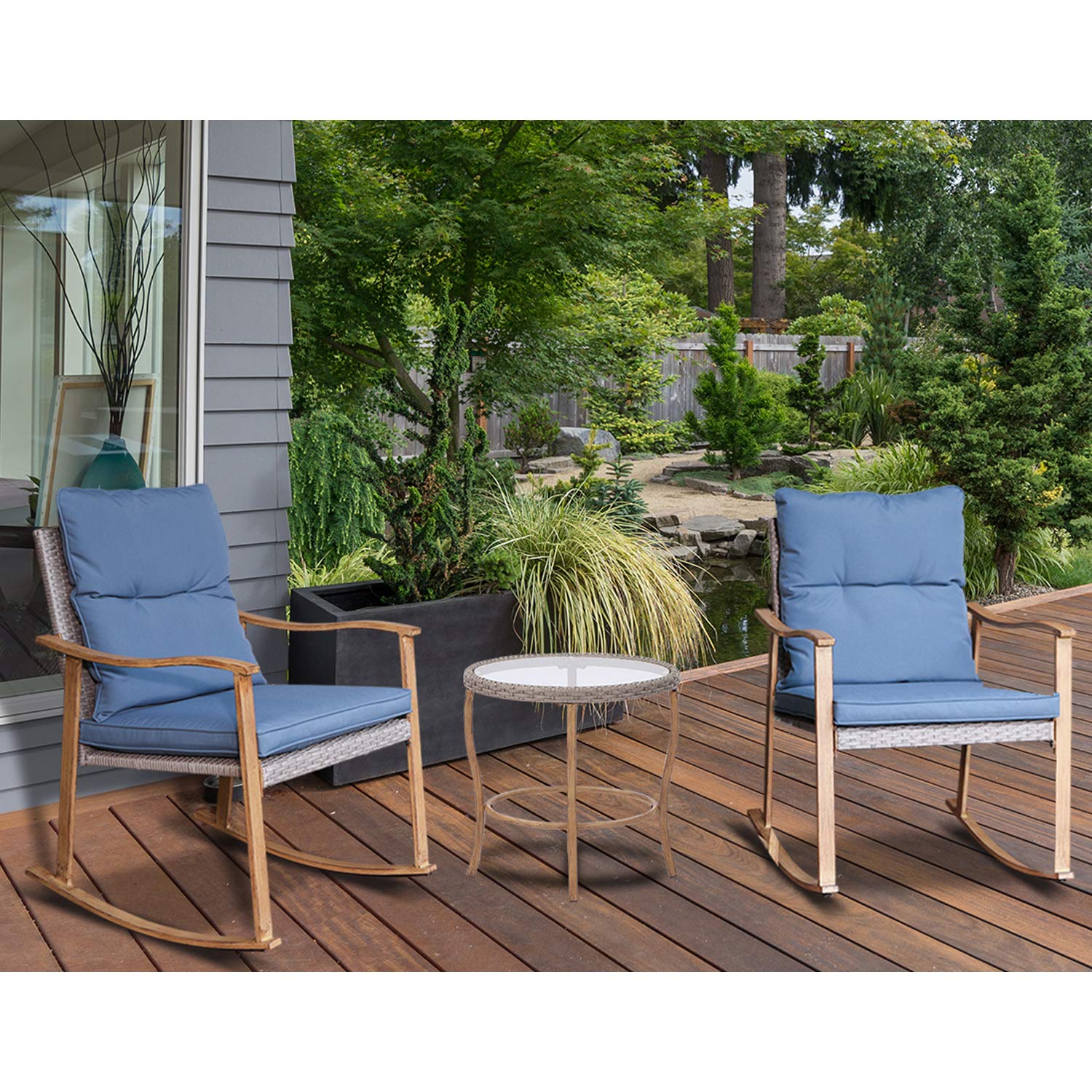AQUILLA 3-Piece Outdoor Patio Rocking Set with Metal Frame & Tempered Glass Table - Blue Cushioned Bistro Set for Porch, Garden, Backyard - Perfect for Relaxing, Entertaining & Outdoor Dining