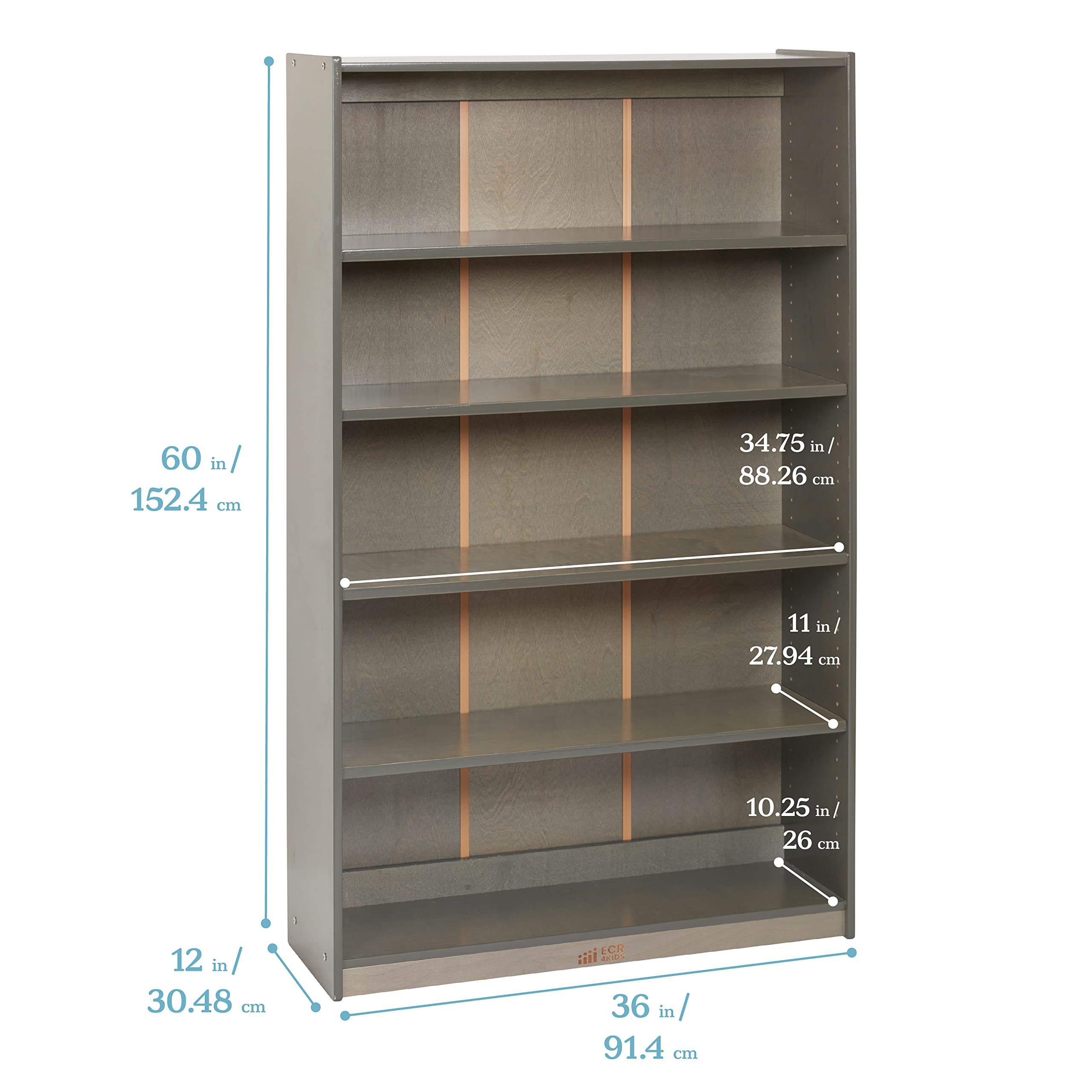 ECR4Kids Classic 60-Inch Bookcase with Adjustable Shelves, Grey Wash Finish - Perfect for Kids' Rooms, Classrooms, and Home Libraries
