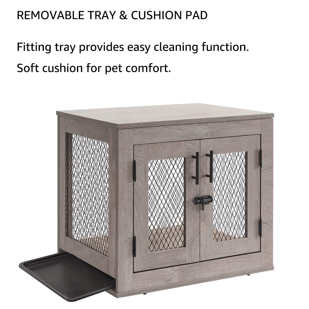 Unipaws Wooden Dog Crate Furniture - Indoor Decorative Kennel for Small Dogs Up to 25 lbs | Side End Table with Removable Tray & Cushion | Perfect for Puppies, Cats, Mini Pigs & Rabbits | Ideal for Living Rooms, Bedrooms & Home Decor