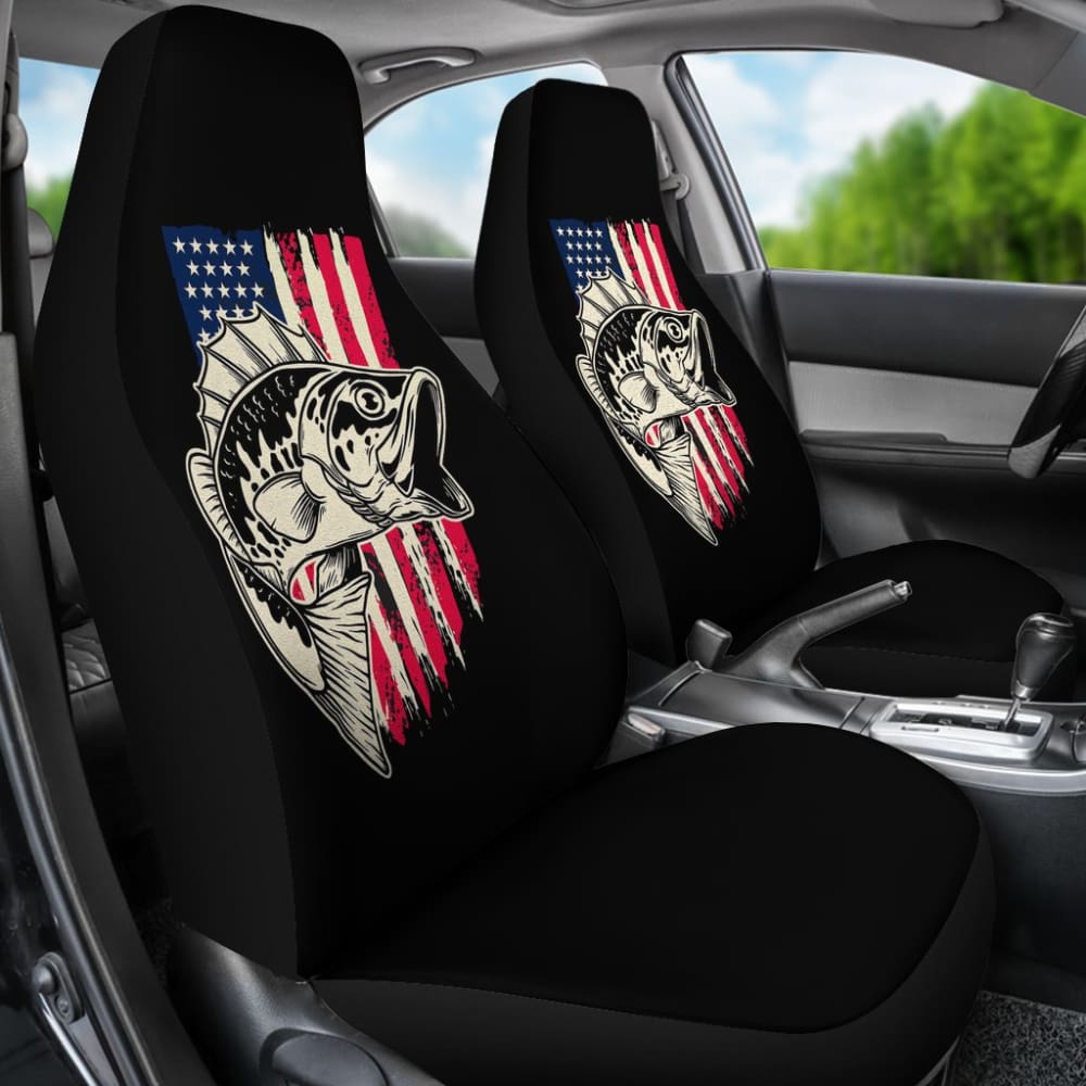 American Flag Largemouth Bass Fishing Car Seat Covers - Patriotic Waterproof Seat Protectors for Trucks & SUVs - Perfect for Outdoor Enthusiasts & Anglers
