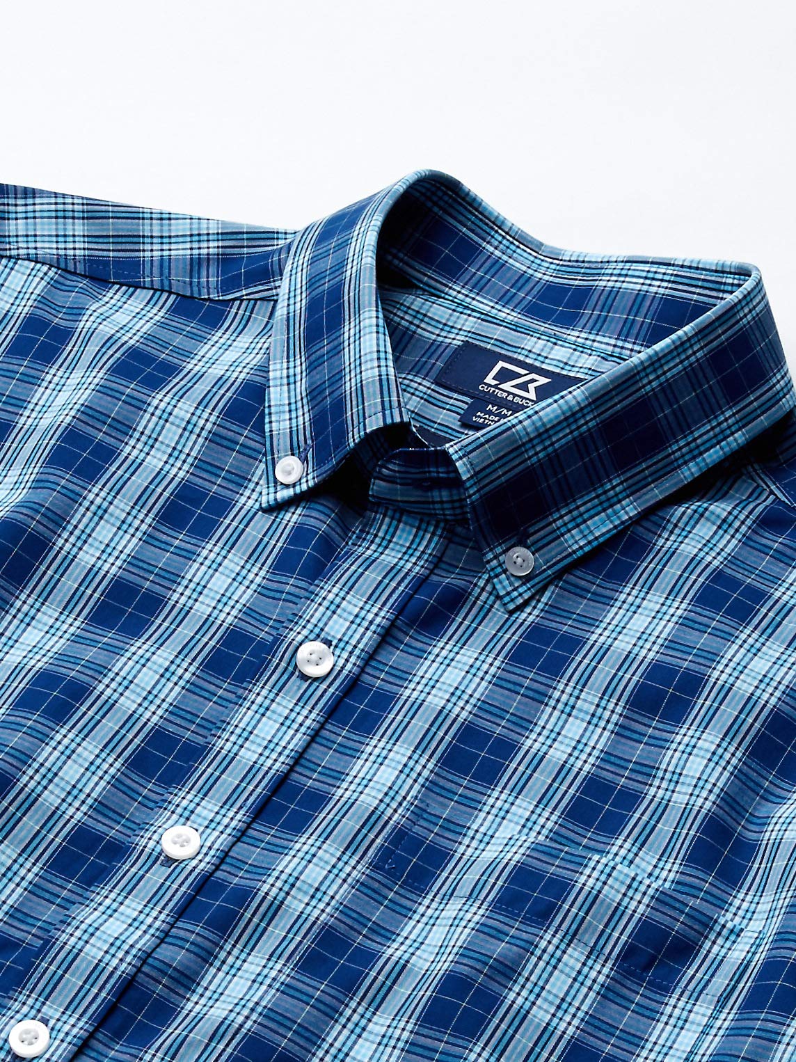 Cutter & Buck Men's Short Sleeve Button Up Shirt - Casual Plaid Work Shirt for Business & Outdoor Activities, Breathable Comfort Fit, Indigo Blue, XXL