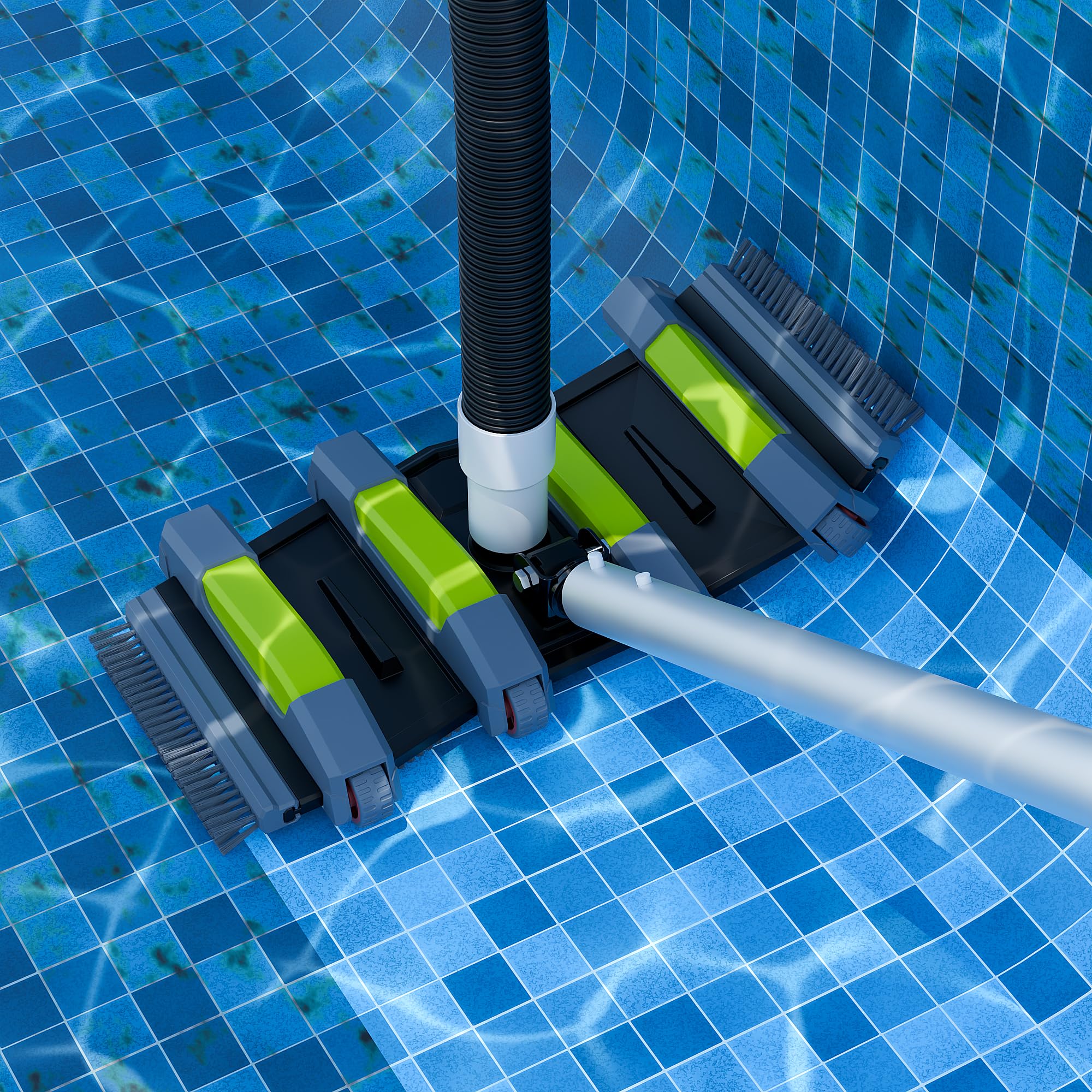 Heavy Duty Pool Vacuum Head with Wheels & Aluminum Handle - Professional Weighted Flexible Swimming Pool Cleaner for Inground & Above Ground Pools - Perfect for Leaves, Debris & Algae Removal