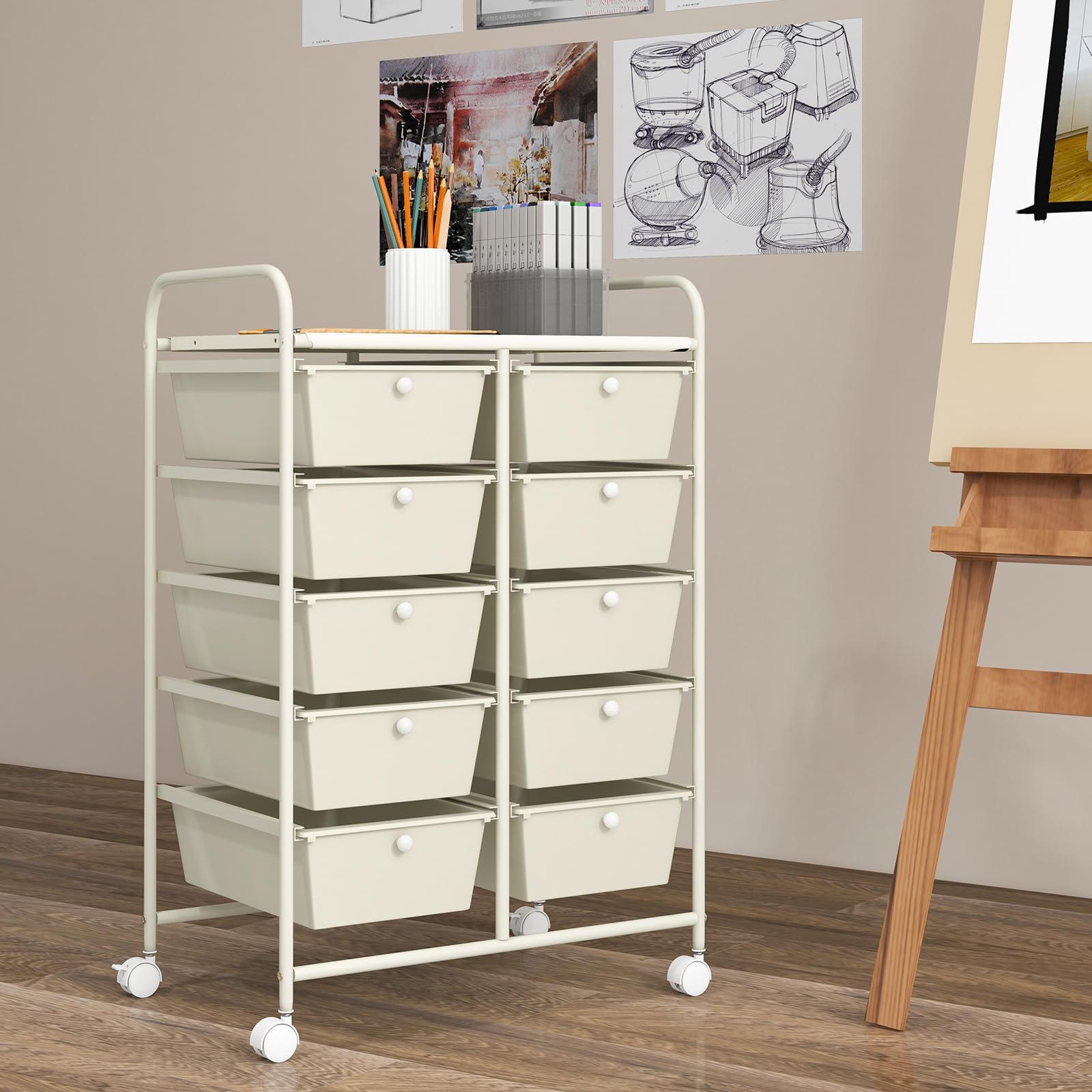 GOFLAME 10-Drawer Rolling Storage Cart with Wheels - Multipurpose Mobile Organizer for Art Supplies, Crafts, School, Office & Home Use - Ivory Utility Cart for Easy Storage & Organization