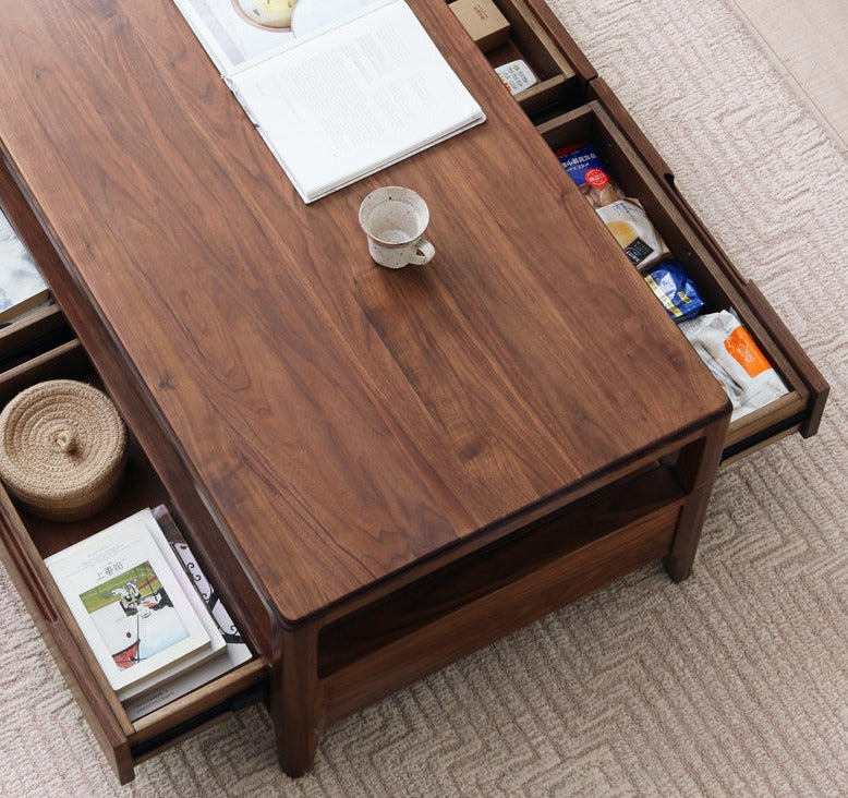 Solid Black Walnut Wood Coffee Table with 4 Drawers - Rustic Modern Living Room Furniture for Home Decor