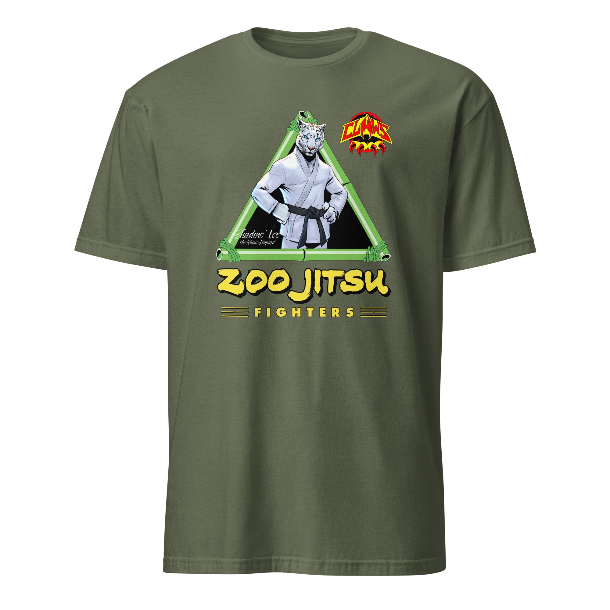 Zoo Jitsu Fighters Shadow 'Ice' Snow Leopard Graphic T-Shirt - Unisex Short Sleeve Cotton Tee for Casual Wear, Gifts & Anime Fans