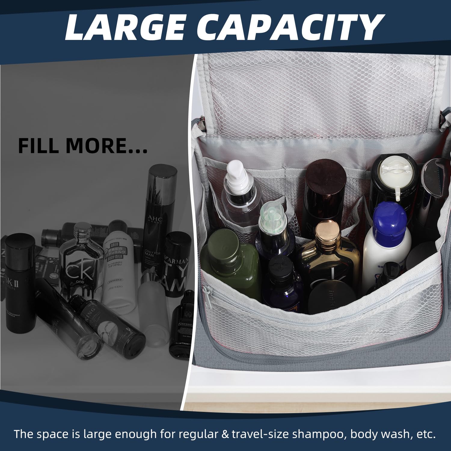Large Water-resistant Hanging Toiletry Bag for Women & Men - Spacious Travel Cosmetic Organizer with Multiple Pockets, Perfect for Makeup, Shaving Essentials & Full-Sized Toiletries (Gray) | Ideal for Air Travel, Camping & Gym Use