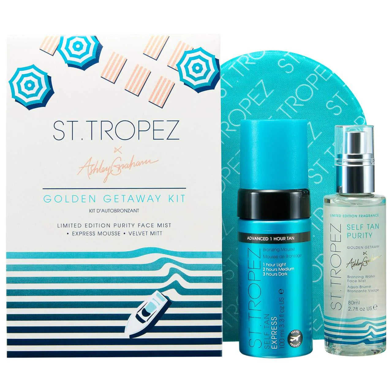 St. Tropez x Ashley Graham Self Tan Golden Getaway Kit - Vegan Self Tanner & Tanning Mitt Set for Natural Glow | Perfect for Vacations, Beach Trips & Summer Tanning
