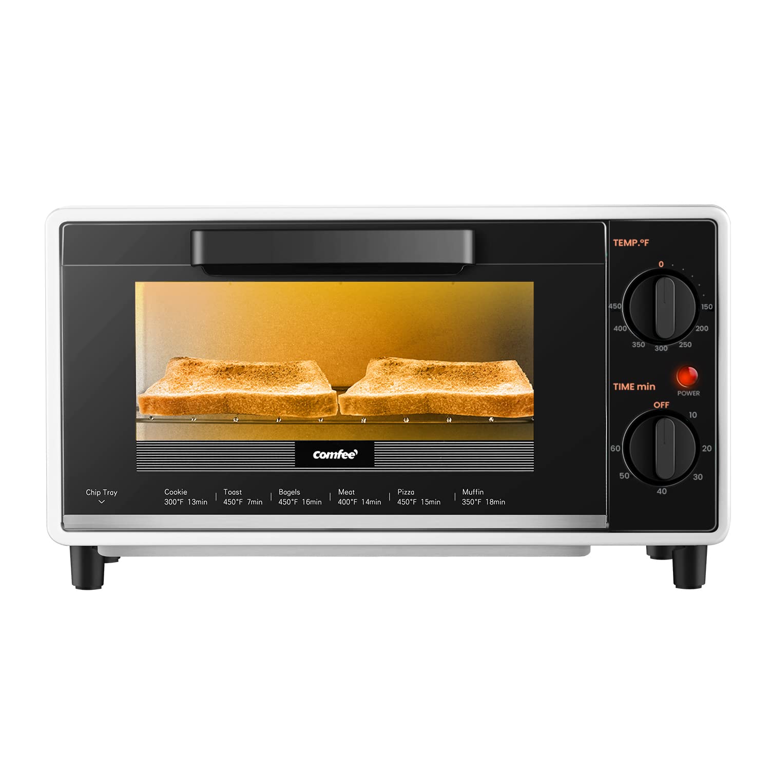 COMFEE' Mini 2-Slice Toaster Oven - 1000W Countertop Toaster with Timer, 2 Easy-Control Knobs for Baking, Broiling & Toasting - Compact Black/White Design for Small Kitchens, Dorms & Office Break Rooms (CO-B08AA(BK))