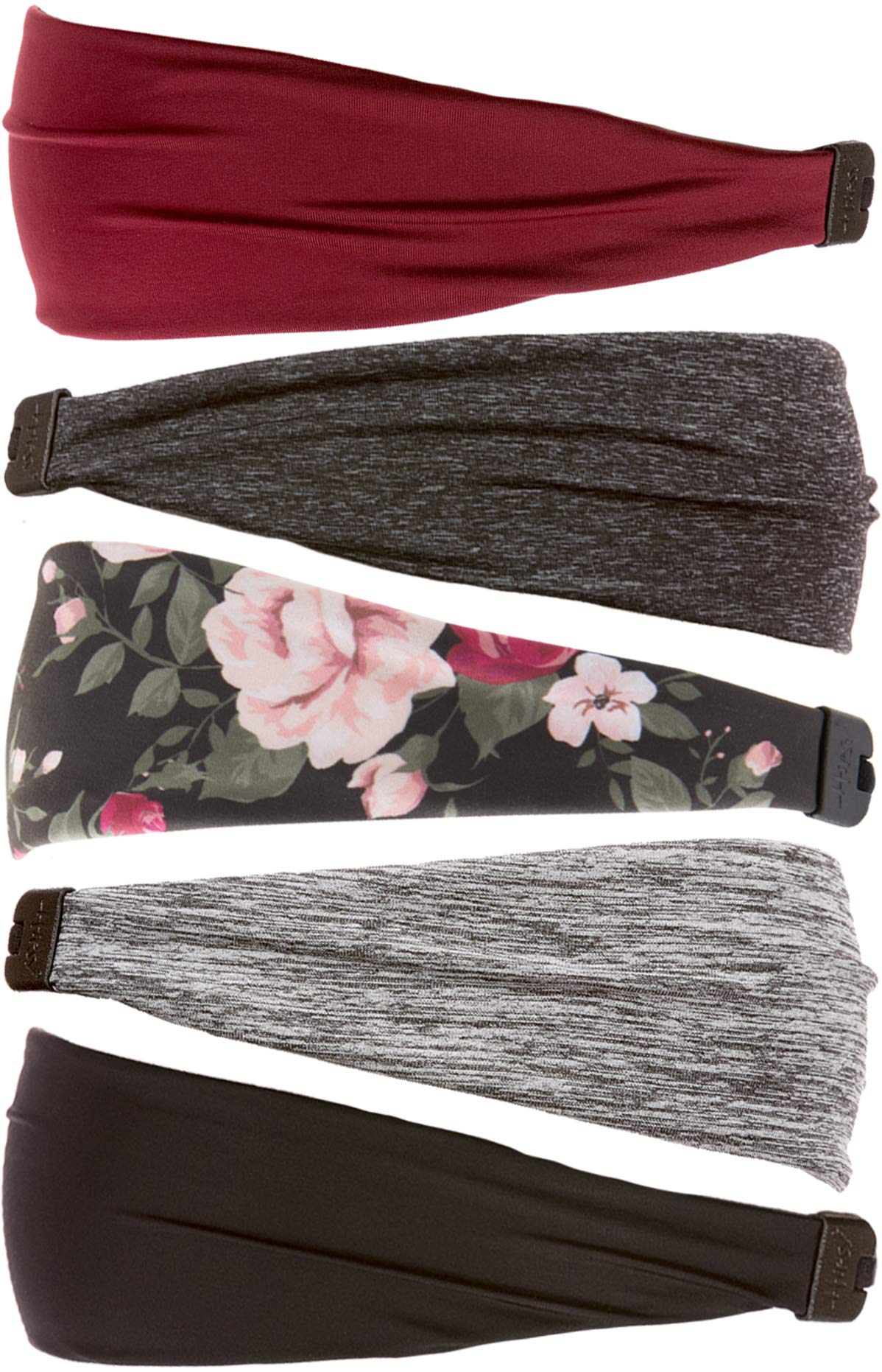 Hipsy Adjustable Wide Sports Headbands for Women & Girls - 5 Pack (Black, Grey, Floral, Charcoal, Burgundy) - Soft & Comfortable Workout Headbands for Running, Yoga & Gym
