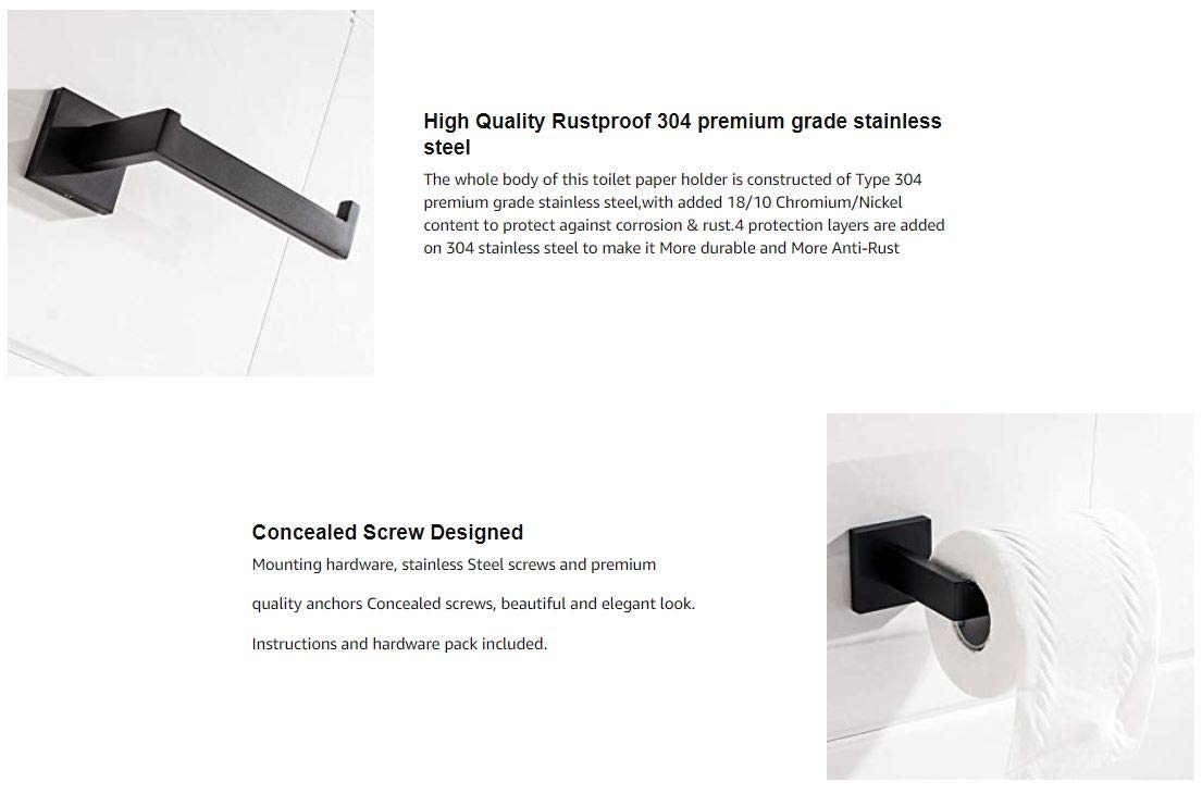 Classic Matte Black Wall Mounted Stainless Steel Toilet Paper Holder - Rustproof SUS 304 Bathroom Tissue Roll Dispenser for Modern Home & Office Restrooms