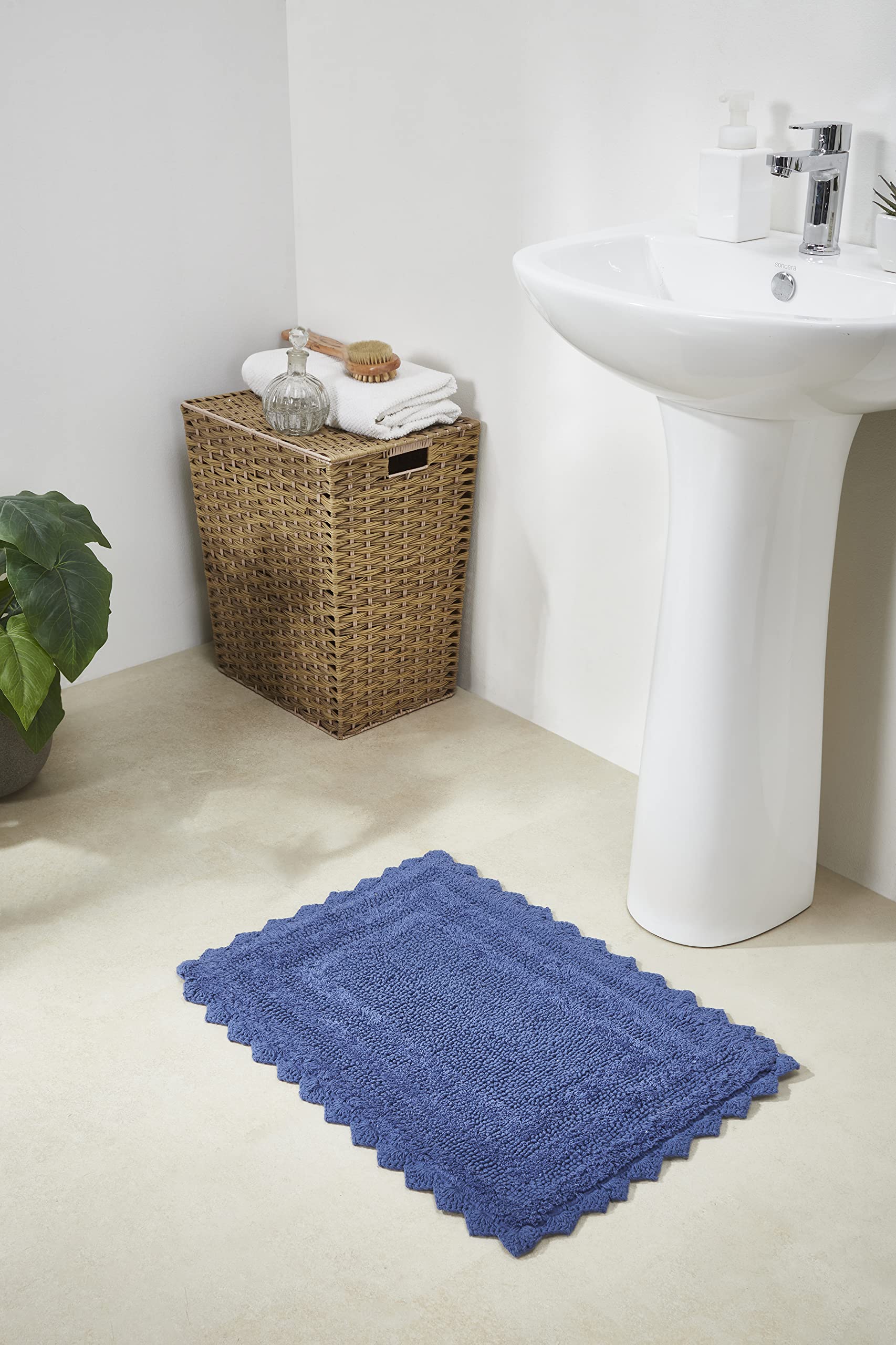 Better Trends 3-Piece Bathroom Rug Set - 100% Cotton, Machine Washable, Reversible & Absorbent Bath Mats with Blue Crochet Design (Lilly Collection) - Perfect for Bathroom Floor, Tub, and Shower Areas