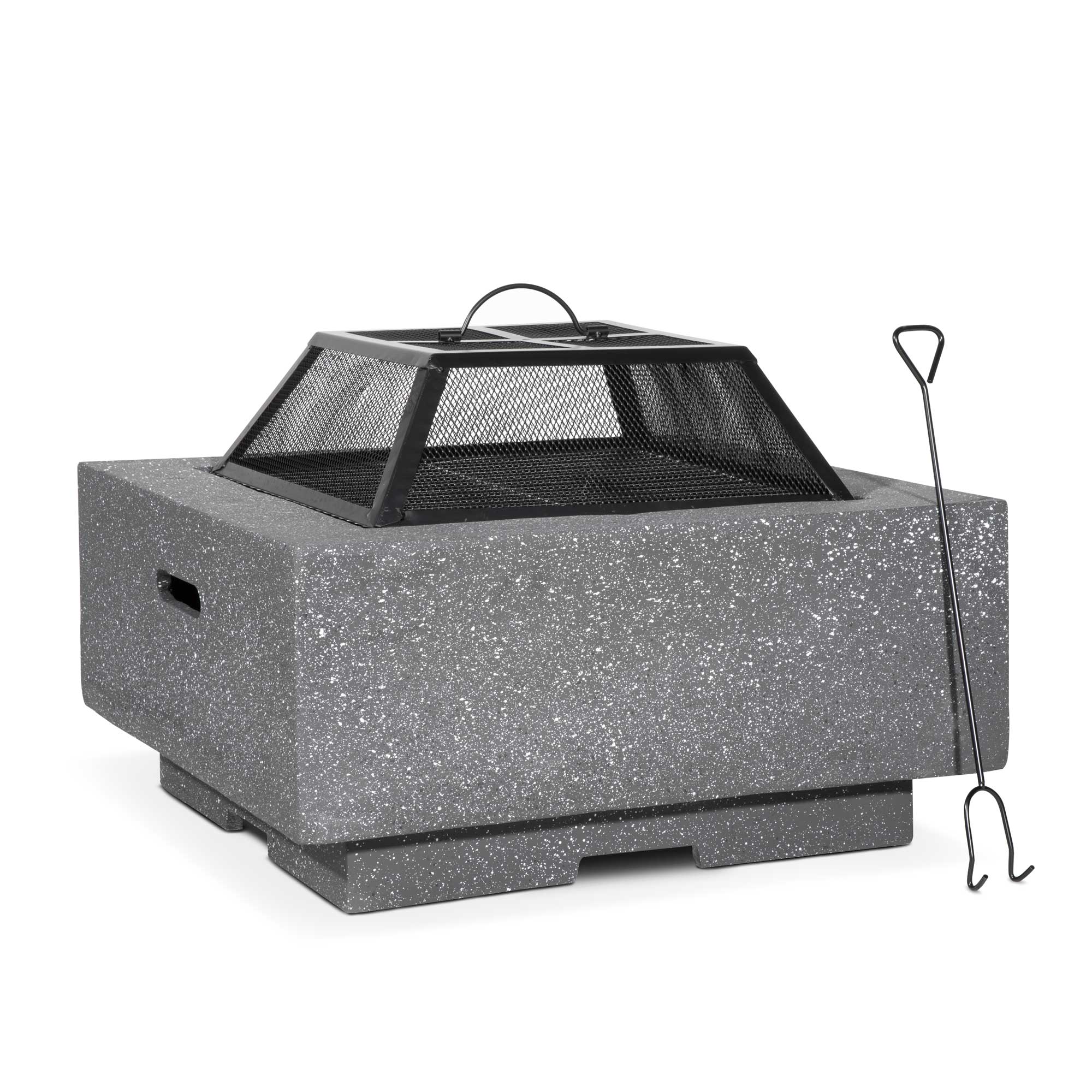 Square MgO Fire Pit with BBQ Grill, Safety Mesh Screen & Fire Poker - Dark Grey Outdoor Fireplace for Backyard, Patio, Camping & Garden Gatherings