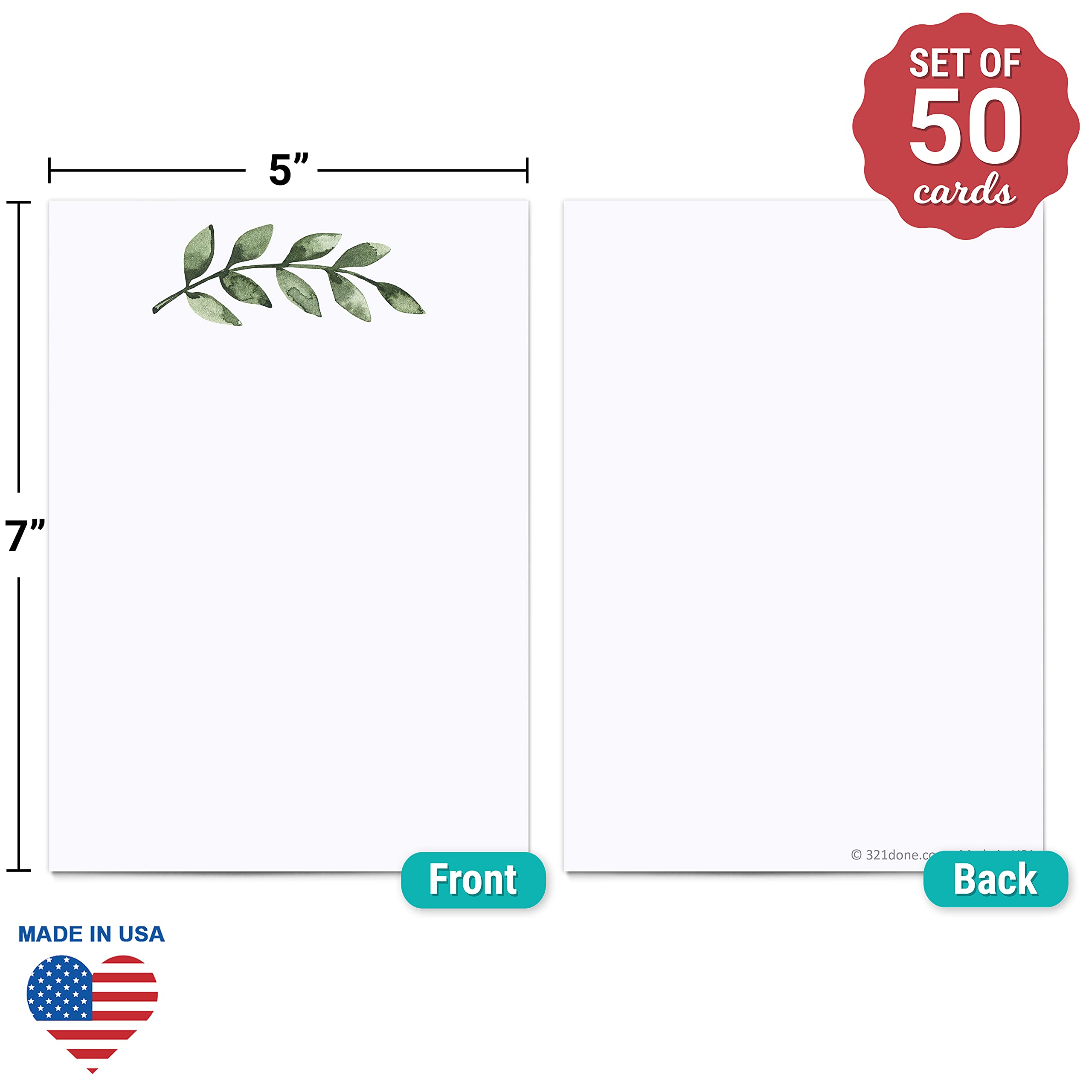 321Done Greenery Note Cards - Set of 50 Blank 5x7 Cards with Simple Green Leaves Design on White, Premium Thick Cardstock, No Envelopes - Perfect for Thank You Notes, Wedding Invitations, and DIY Crafting - Made in USA
