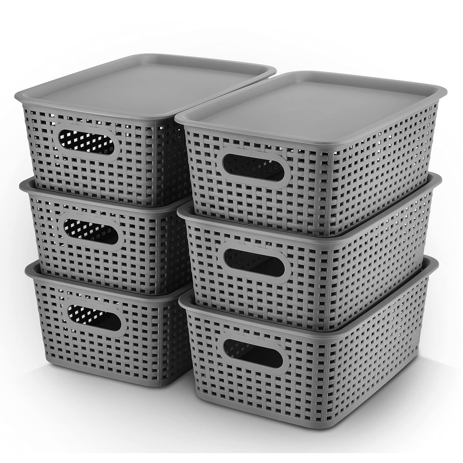 AREYZIN Plastic Storage Baskets with Lids - 4 Pack Organizing Containers for Home, Office & Classroom - Stackable Storage Bins for Shelves, Drawers, Closet, Playroom (Grey & Purple) - Perfect for Toys, Books, Crafts & Office Supplies Organization
