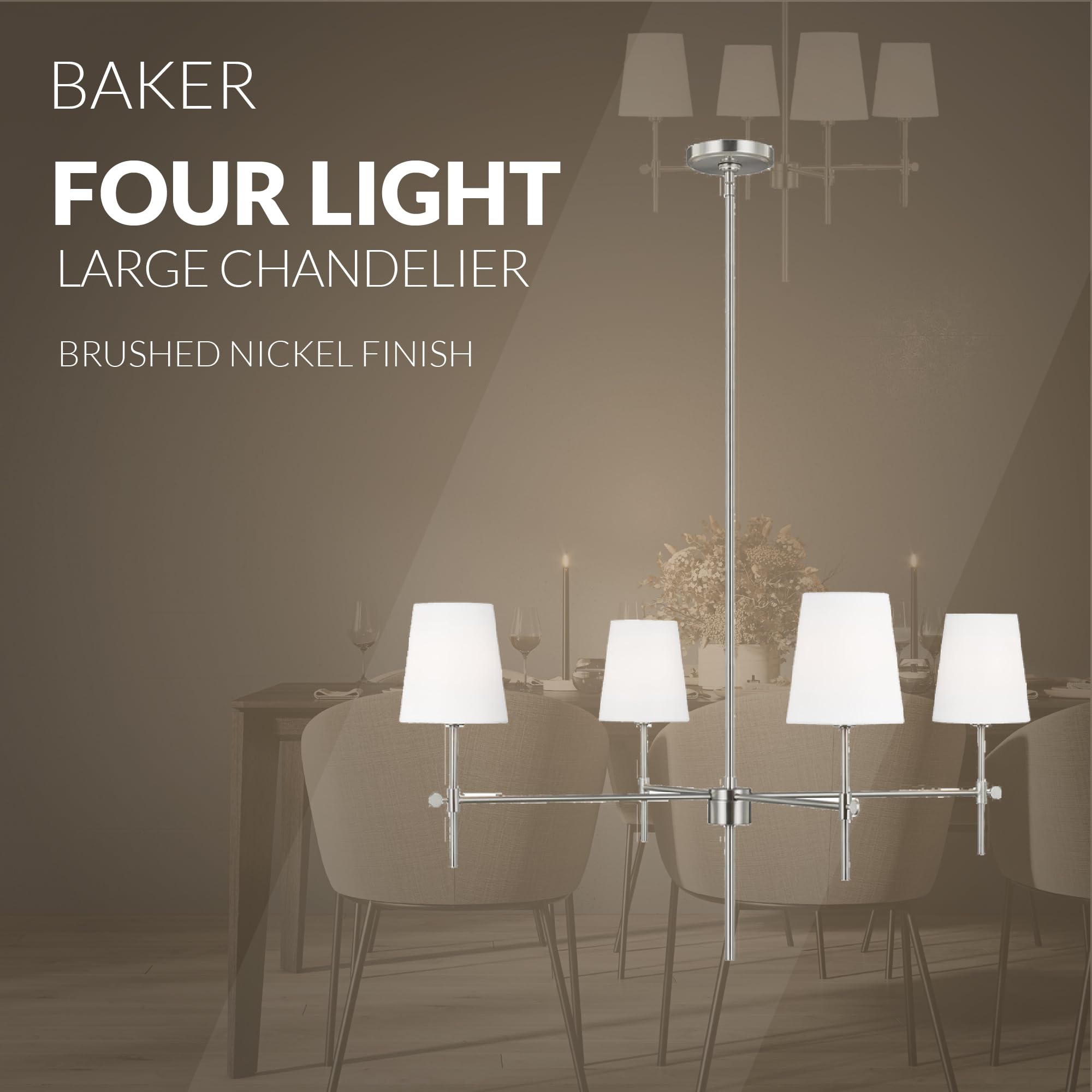 Modern 4-Light Baker Chandelier in Brushed Nickel - Generation Lighting 3287204-962 | Elegant Ceiling Light Fixture for Dining Room, Living Room & Bedroom Decor | Compatible with LED & Standard Bulbs | Perfect for Home, Office & Restaurant Lighting