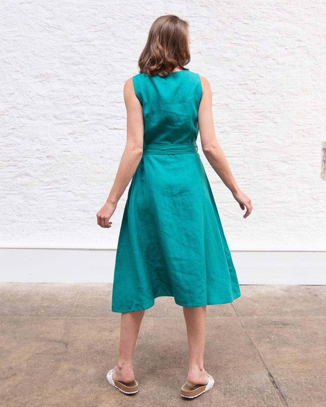 Grace Linen Swing Dress - Flowy Summer Midi Dress with Short Sleeves | Jade Green | Perfect for Beach Vacation, Brunch & Casual Outings