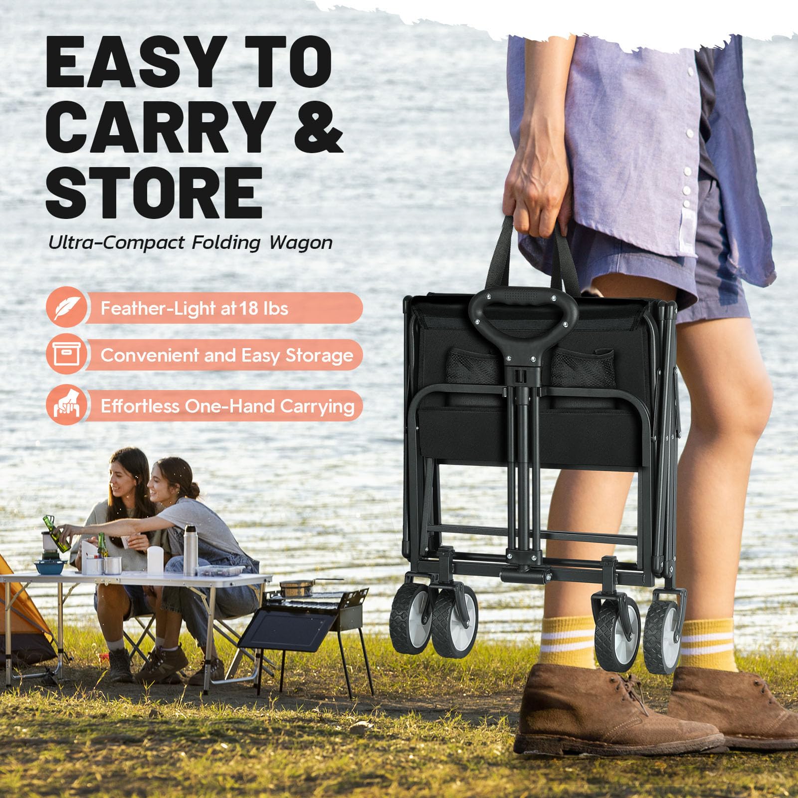 Foldable Utility Wagon Cart with Adjustable Handle - Heavy Duty Collapsible Grocery Cart on Wheels for Sports, Camping, Beach, Outdoor & Garden Use - Perfect for Shopping, Picnics, Tailgating and Family Outings (Black)
