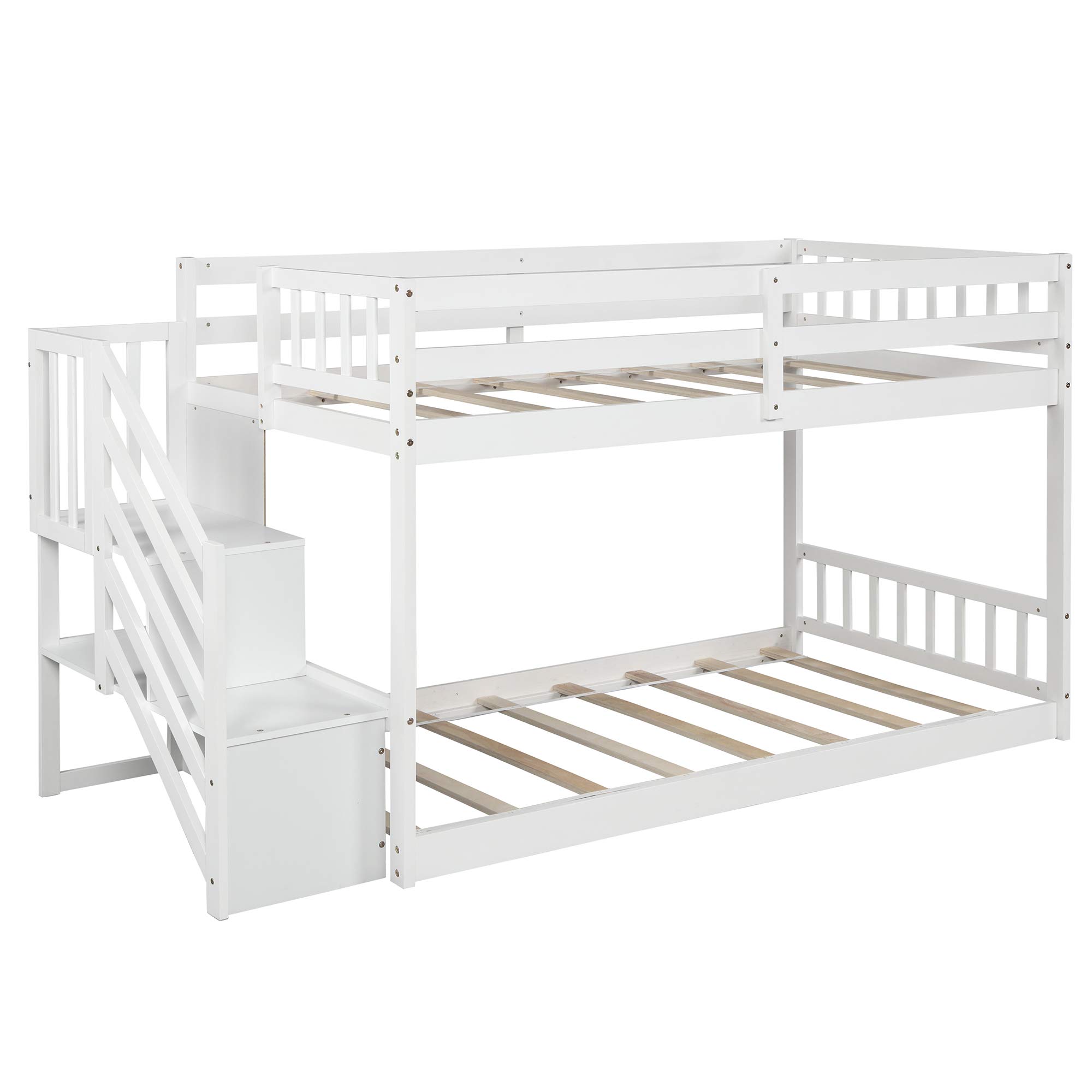 Twin Size Bunk Bed with Storage Staircase for Kids & Teens - Space-Saving White Bunk Bed, No Box Spring Needed - Perfect for Small Bedrooms, Guest Rooms & Dormitories