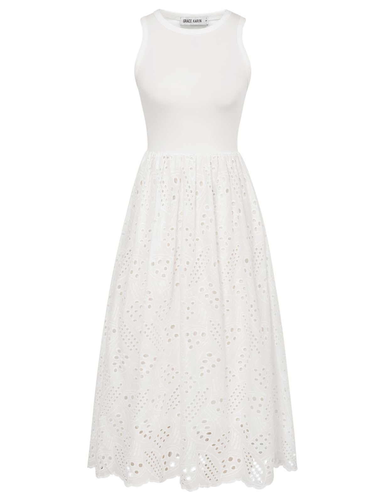 GRACE KARIN Women's Sleeveless A-Line Midi Dress with Pockets - Summer Casual Eyelet Tank Dress for Beach, Vacation & Holiday Wear