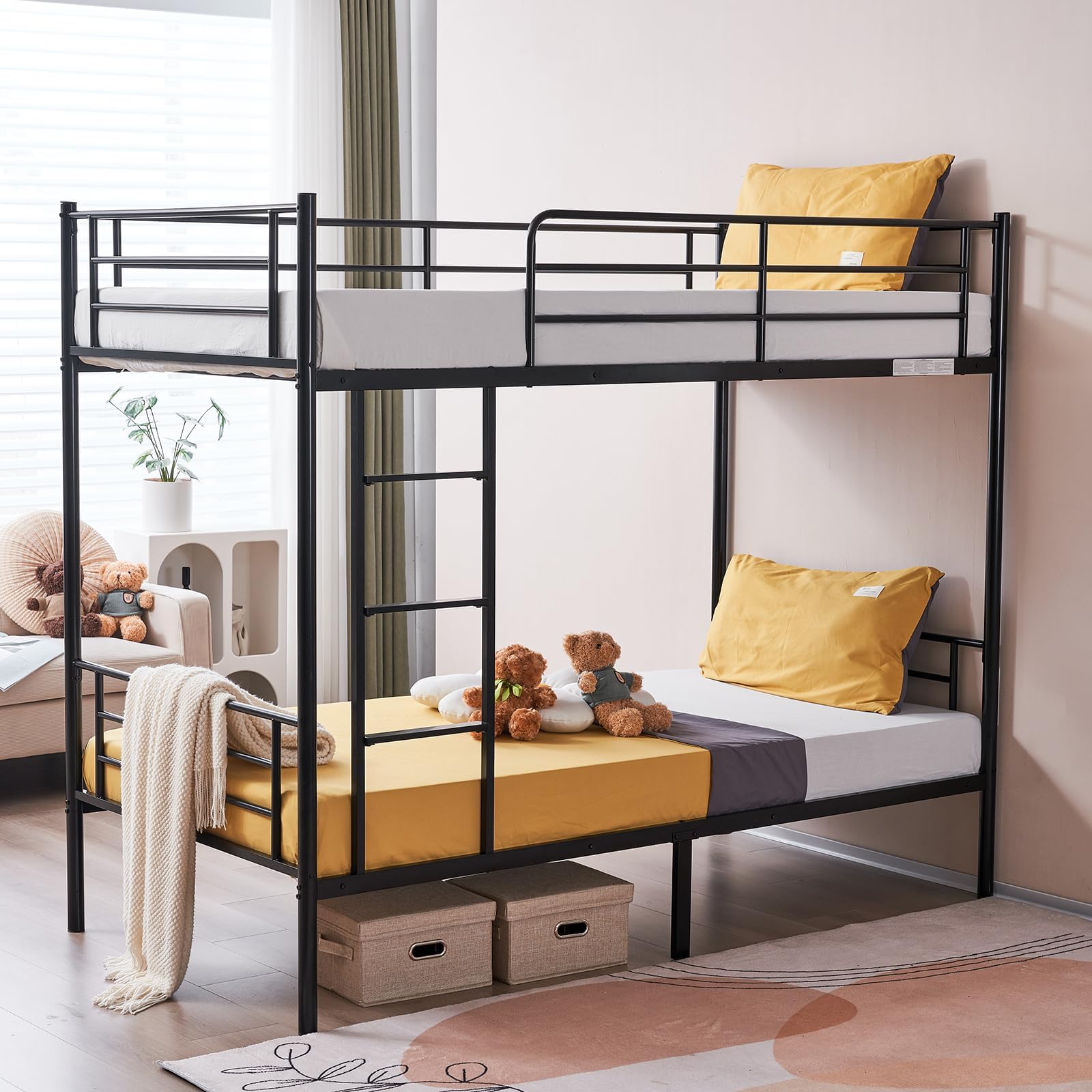 Karl Home Black Twin Over Twin Metal Bunk Bed with Built-in Ladder & Safety Guardrail - Space Saving Bunk Bed for Kids, Teens & Adults (No Box Spring Needed) - Perfect for Small Bedrooms, Dorms & Guest Rooms
