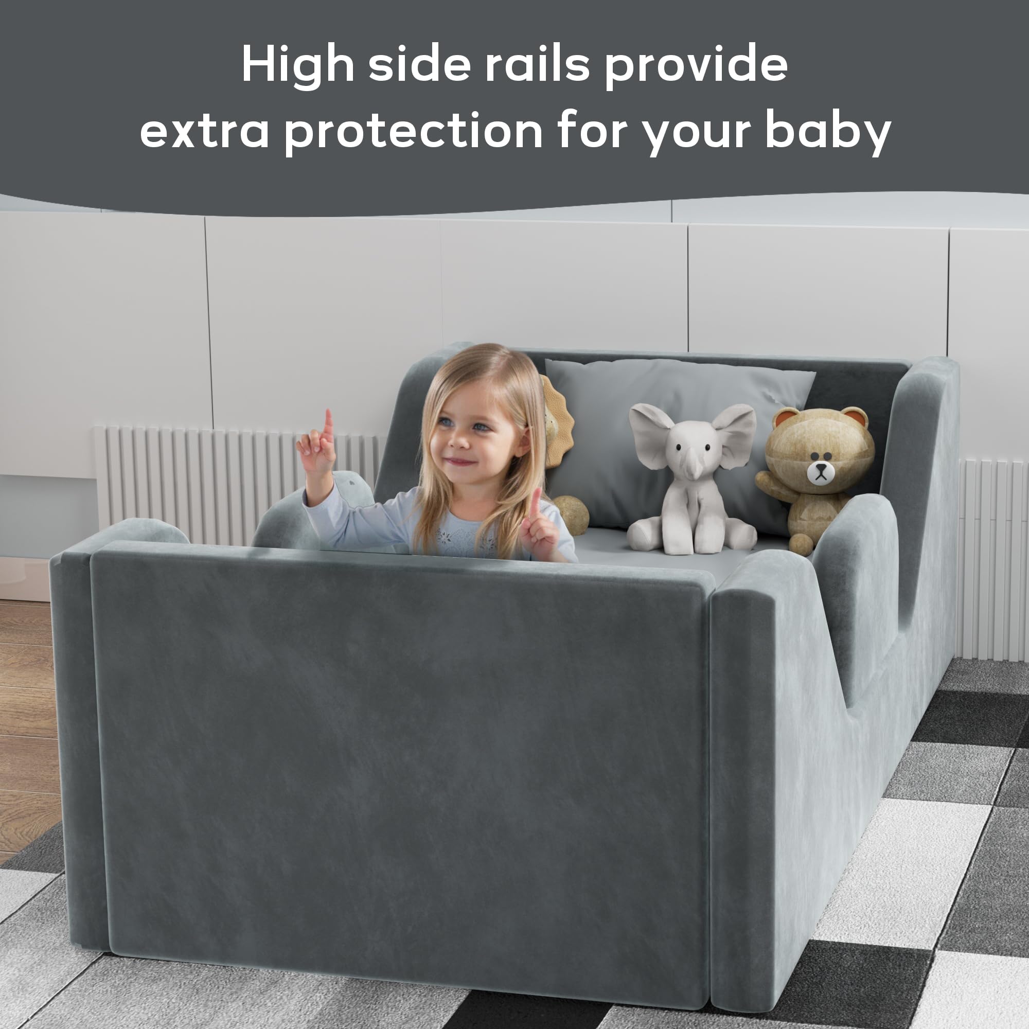 Toddler Floor Bed Frame with Guard Rails - Safe & Sturdy Small Bed for Kids Boys & Girls (Ages 2-6) | Certified Fabric Toddler Bed in Grey | Perfect for Montessori Bedrooms, Daycare Centers & Cozy Kids' Rooms