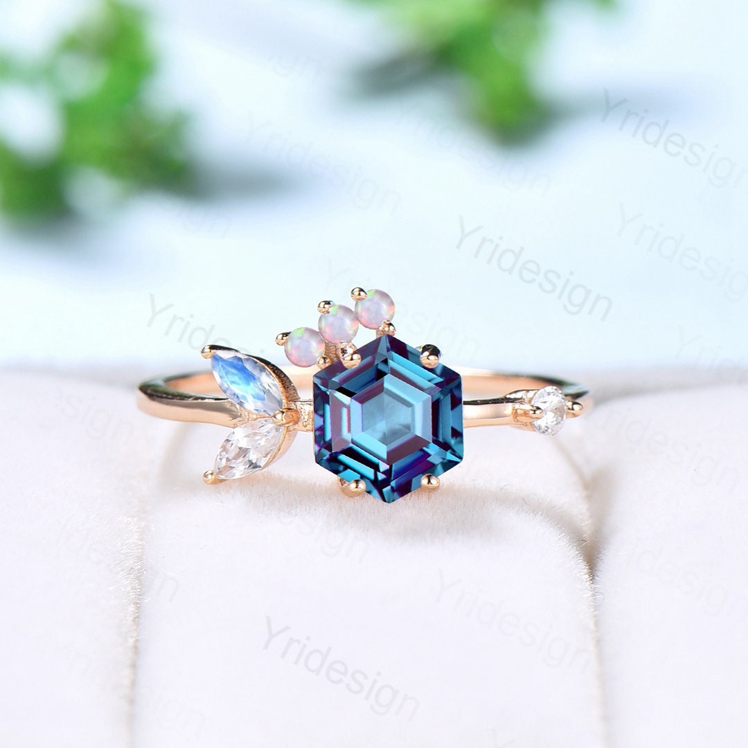 Vintage Hexagon Cluster Opal Moonstone Wedding Ring for Women - Alexandrite Art Deco Engagement Ring in Silver & Gold with Moissanite - Perfect Bridal Gift for Anniversaries & Proposals