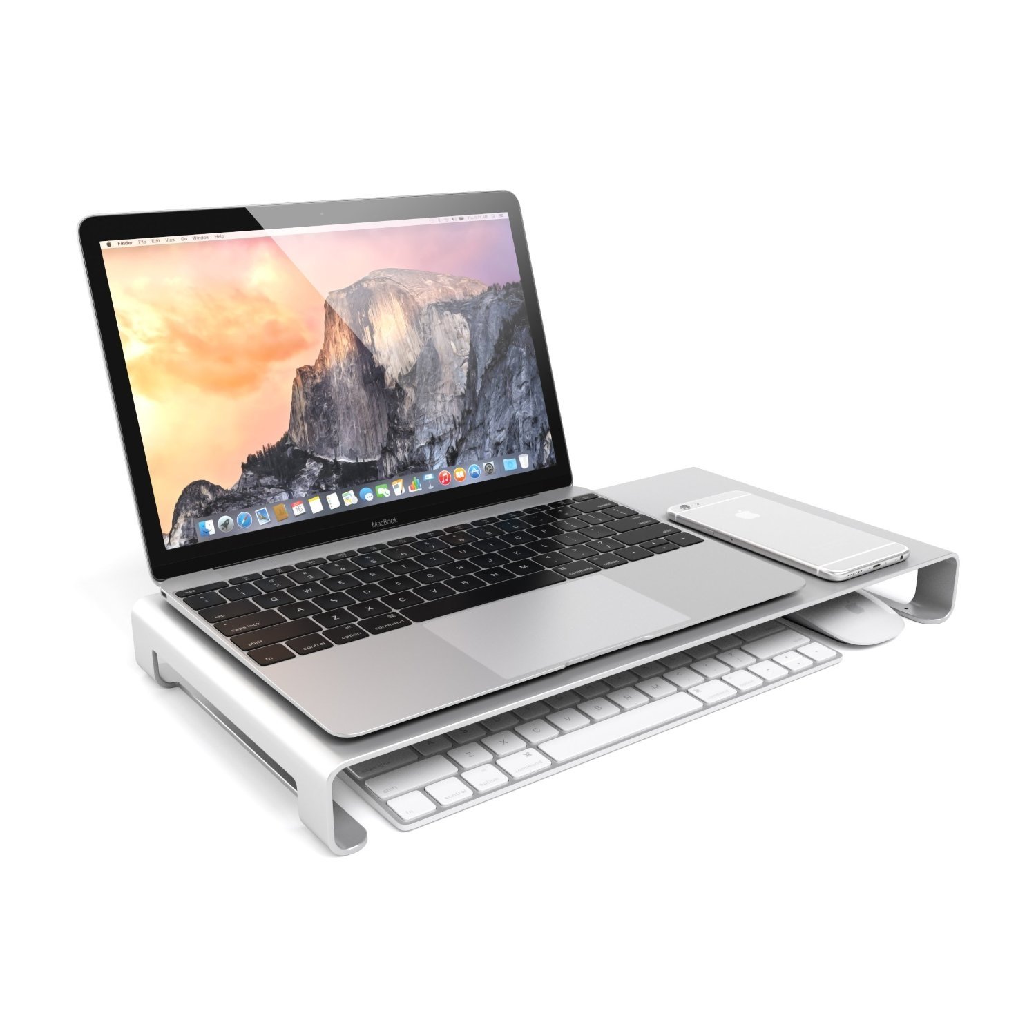 Desire2 Silver Aluminium Monitor Stand Riser - Slim Metal Desk Shelf for iMac, MacBook, Laptop, Printer - Perfect for Office Organisation, Home Office, and Workspace Accessories